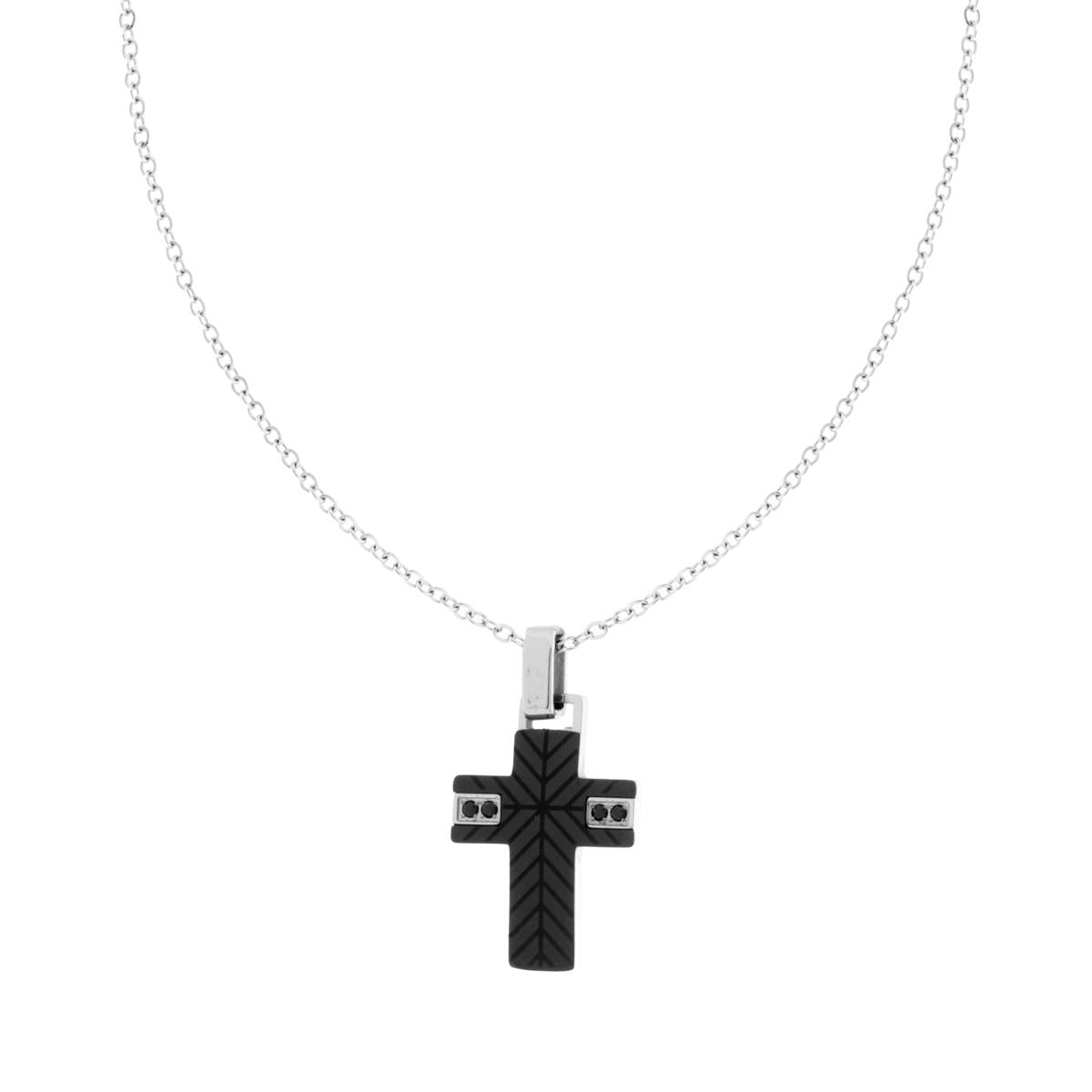 Collana Catena Forzatina Diamantata con Croce con Ceramica e Crystal Neri in ACCIAIO