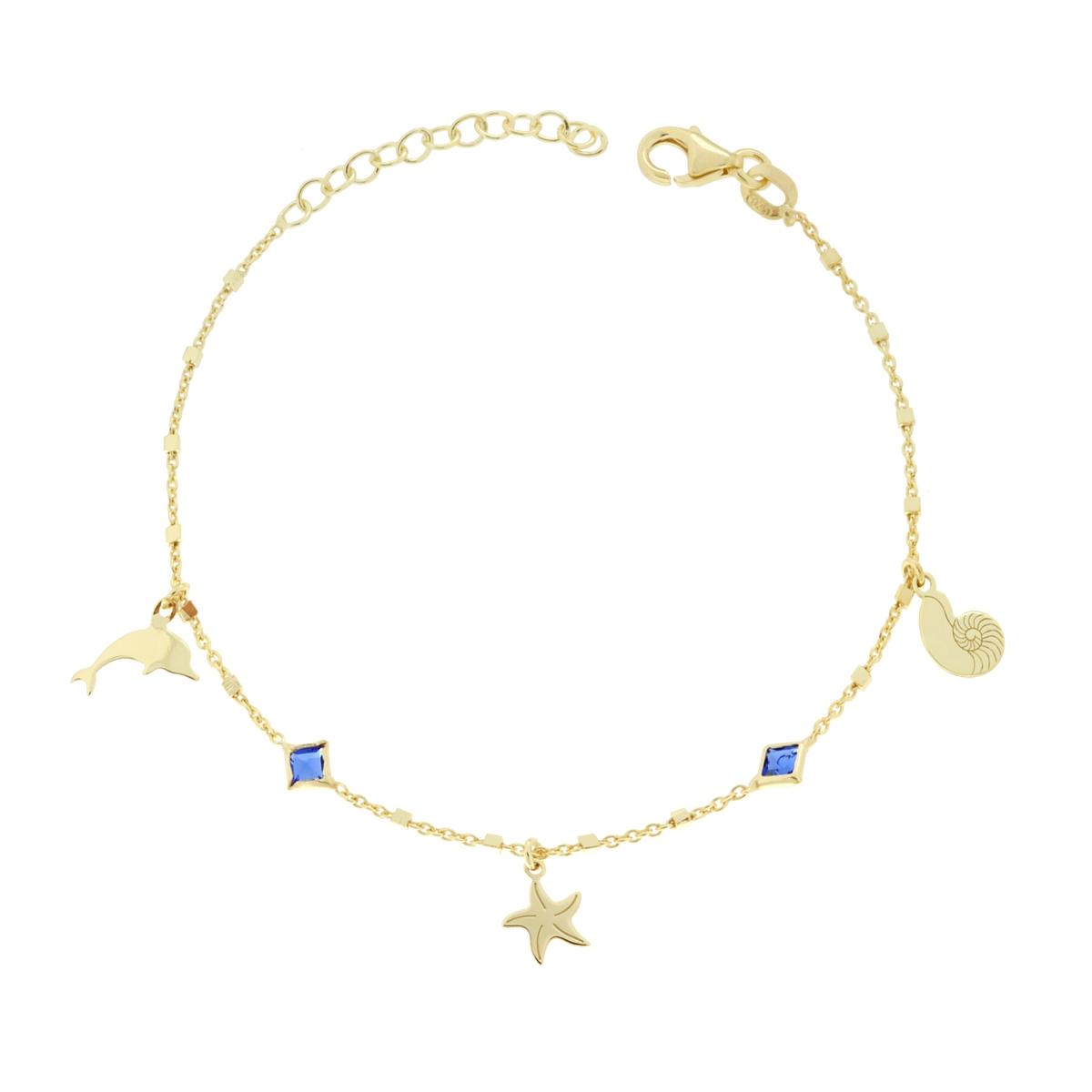Bracciale Catena Forzatina con Conchiglia Delfino e Stella plain pendenti e Cubic Zirconia Blu Zaffiro in ARGENTO 925 Galvanica Oro