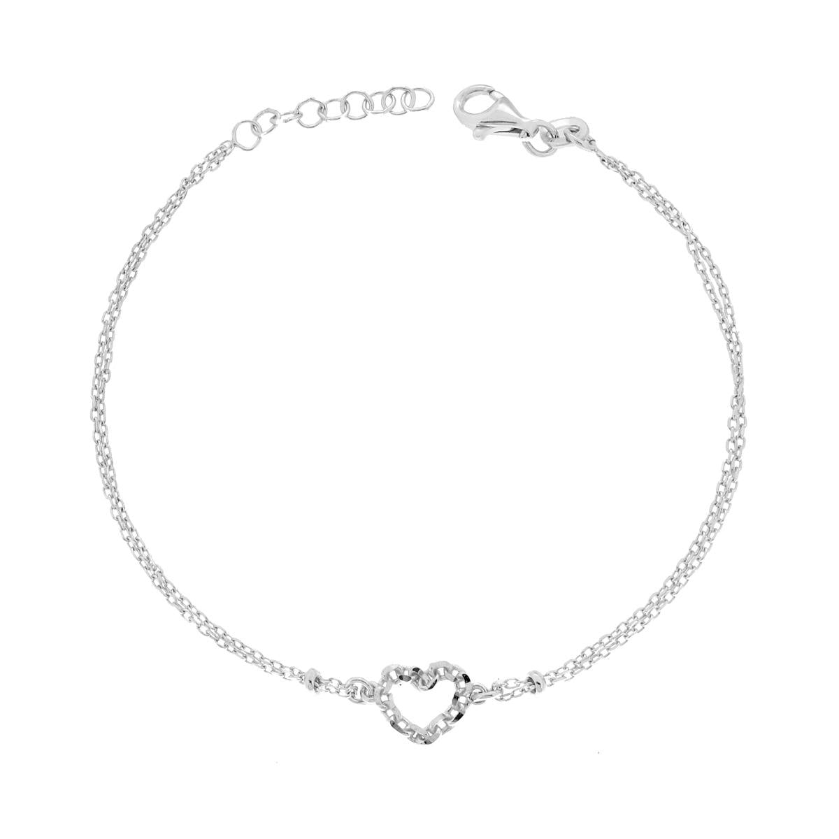 Bracciale due fili Catena Forzatina Diamanta con Cuore effetto Catena Diamantata in ARGENTO 925 Galvanica Rodio
