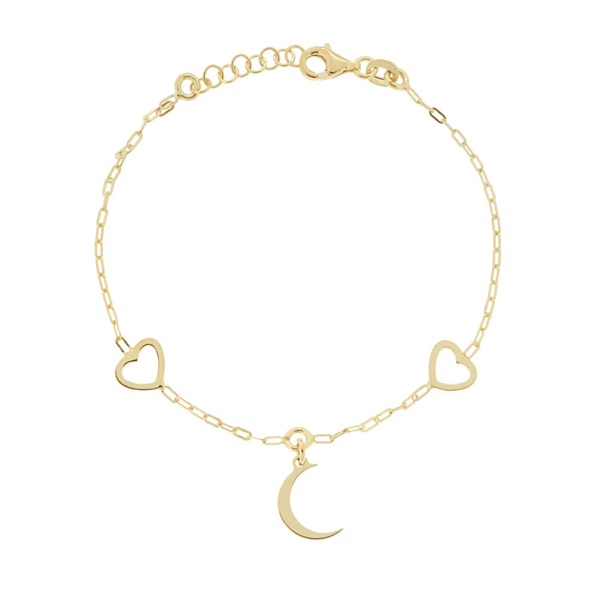 Bracciale Catena Forzatina Allungata Rettangolare con Cuori e Luna pendente in ARGENTO 925 Galvanica Oro
