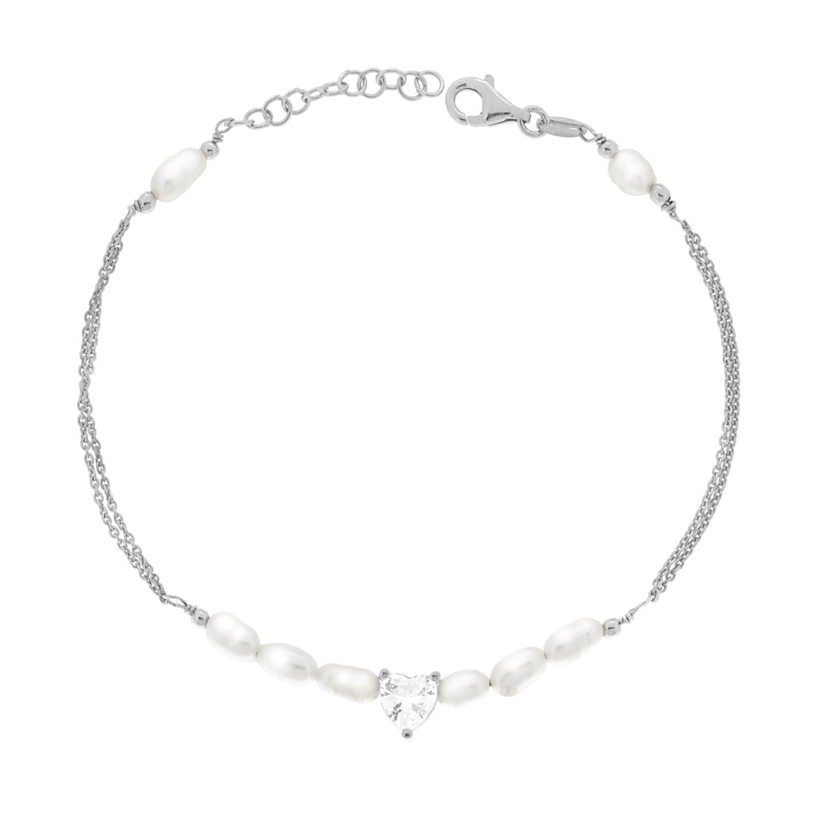 Bracciale due fili catena Forzatina Diamantata con Perle e Cuore Cubic Zirconia Bianco in ARGENTO 925 Galvanica Rodio