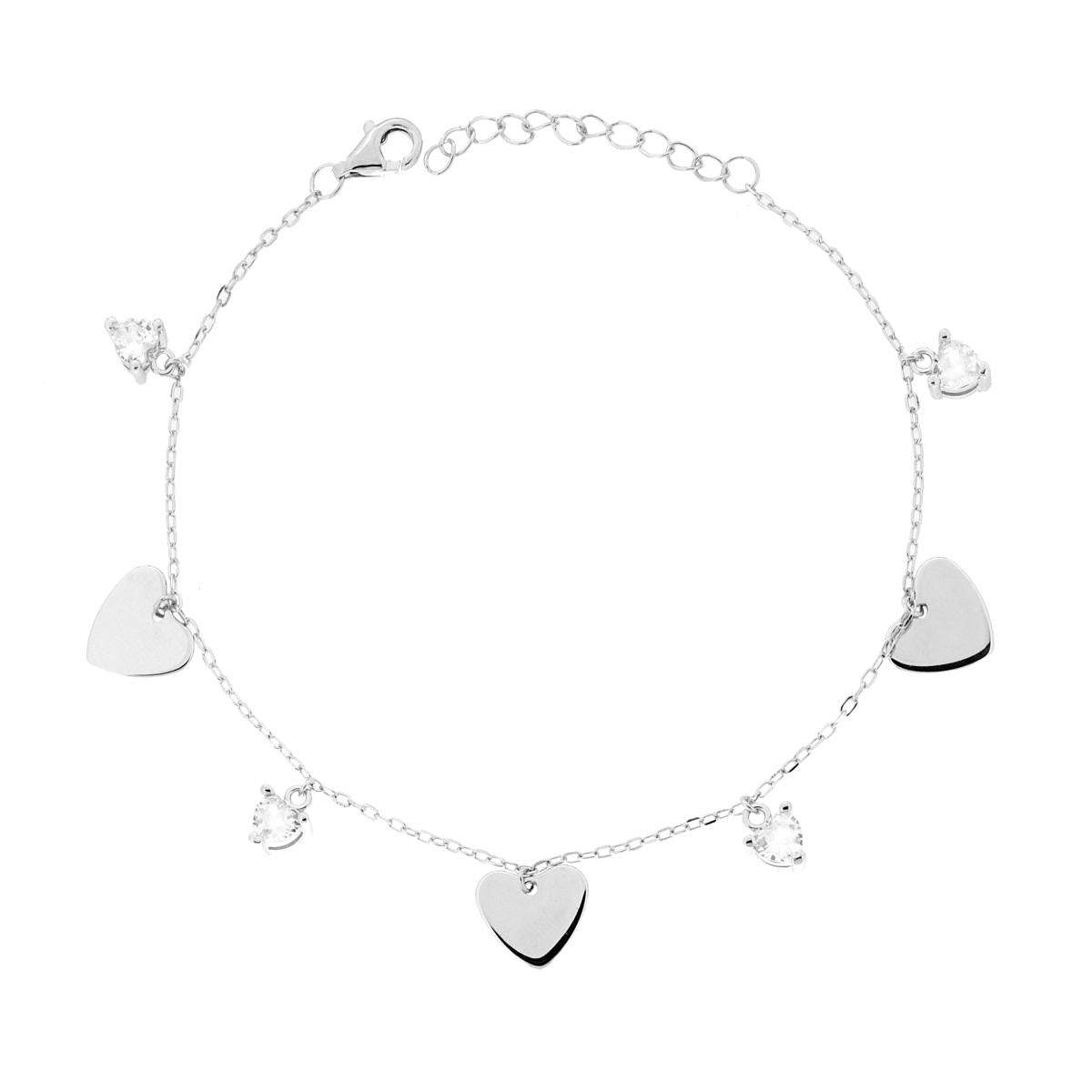Bracciale Catena Forzatina Diamantata Cuori plain e Punti Luce Cuore Cubic Zirconia Bianchi in ARGENTO Galvanica Rodio