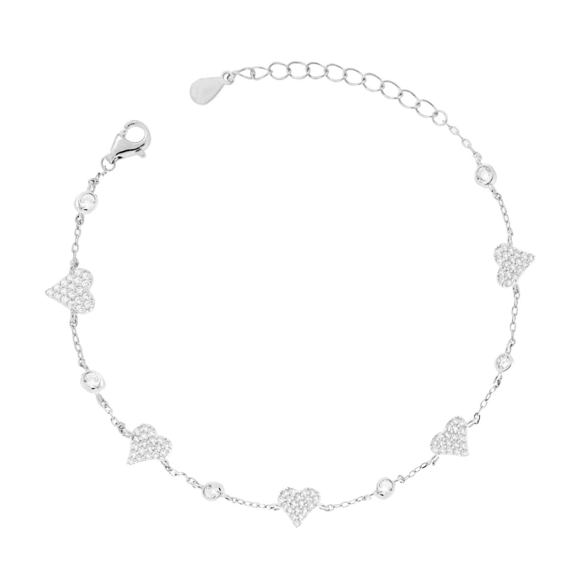 Bracciale Catena Forzatina Diamantata Cuori e Punto Luce Cubic Zirconia Bianchi in ARGENTO Galvanica Rodio
