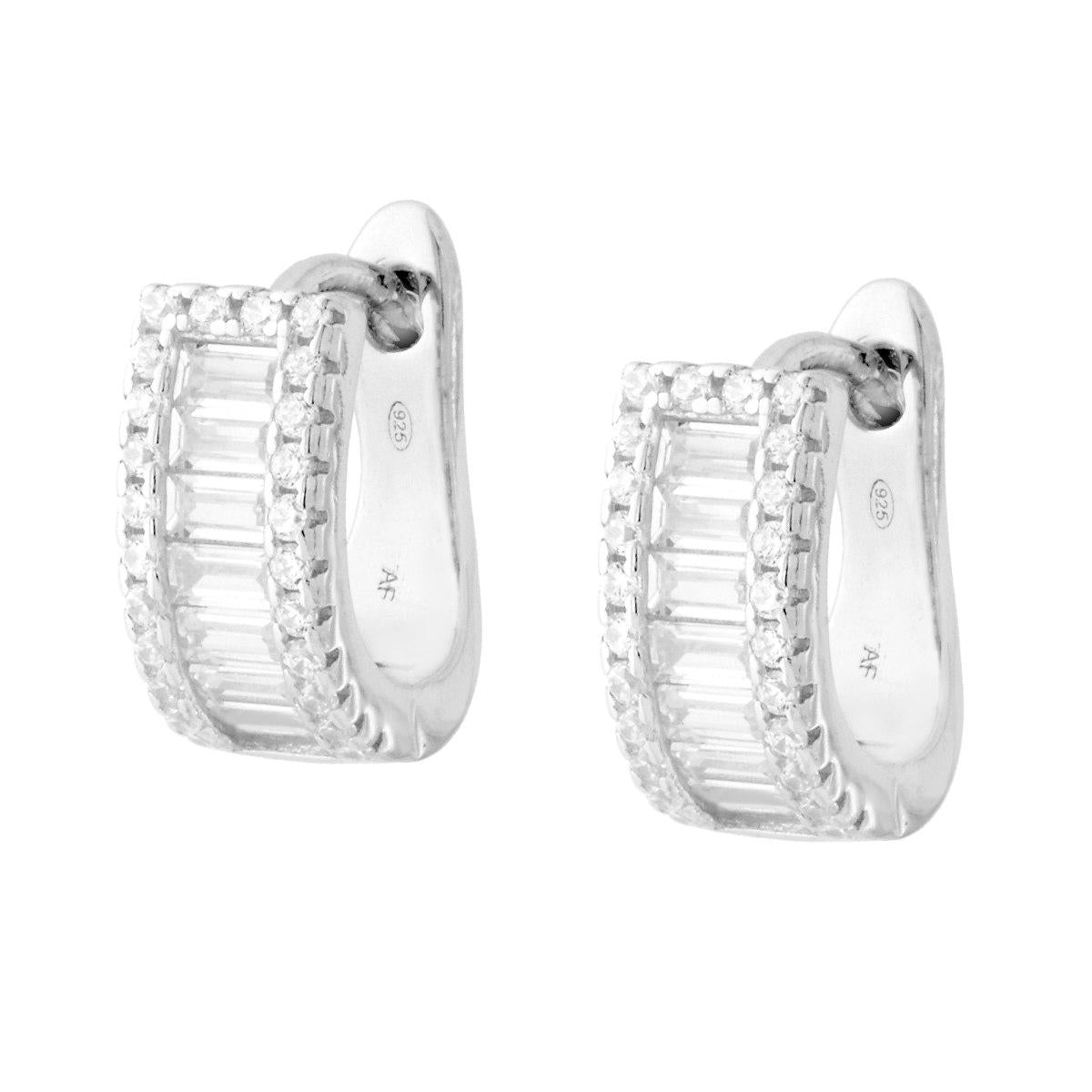 Orecchini Cerchio mm 13 con Baguette Cubic Zirconia Bianchi in ARGENTO 925 Galvanica Rodio