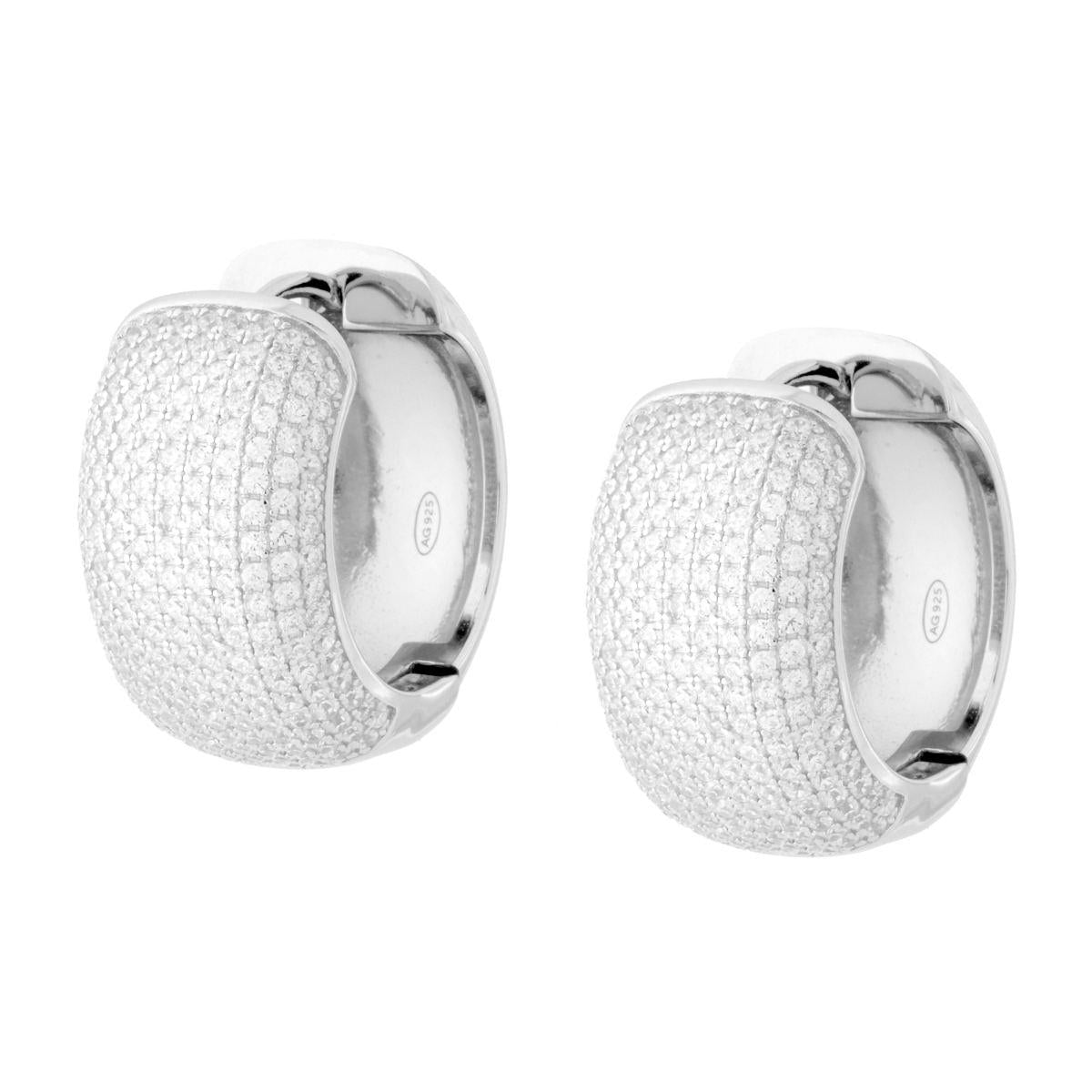 Orecchini Cerchio Bombati mm 20 con Cubic Zirconia Bianchi in ARGENTO 925 Galvanica Rodio