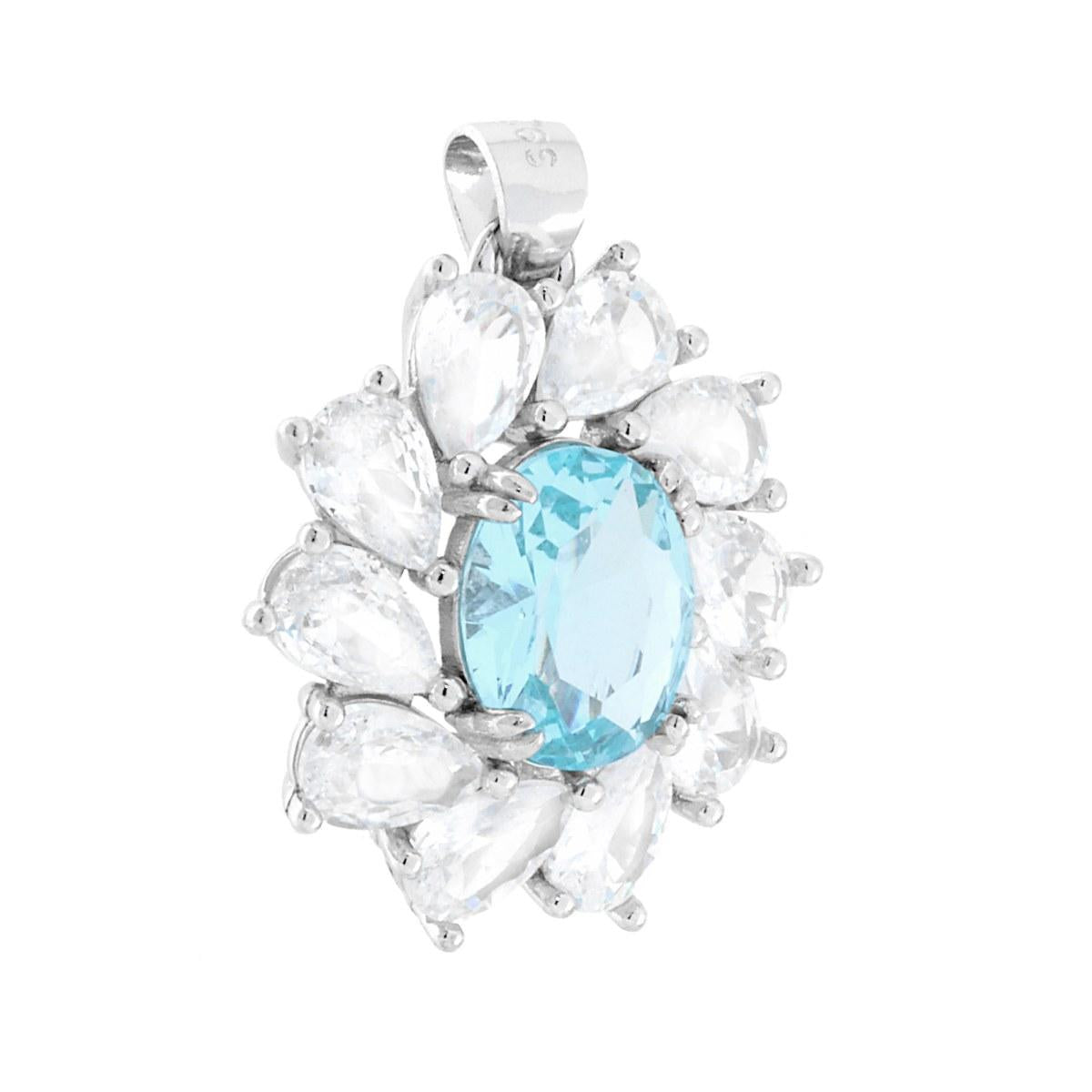 Ciondolo Ovale Acquamarina contornato da gocce Cubic Zirconia Bianchi in ARGENTO 925 Galvanica Rodio