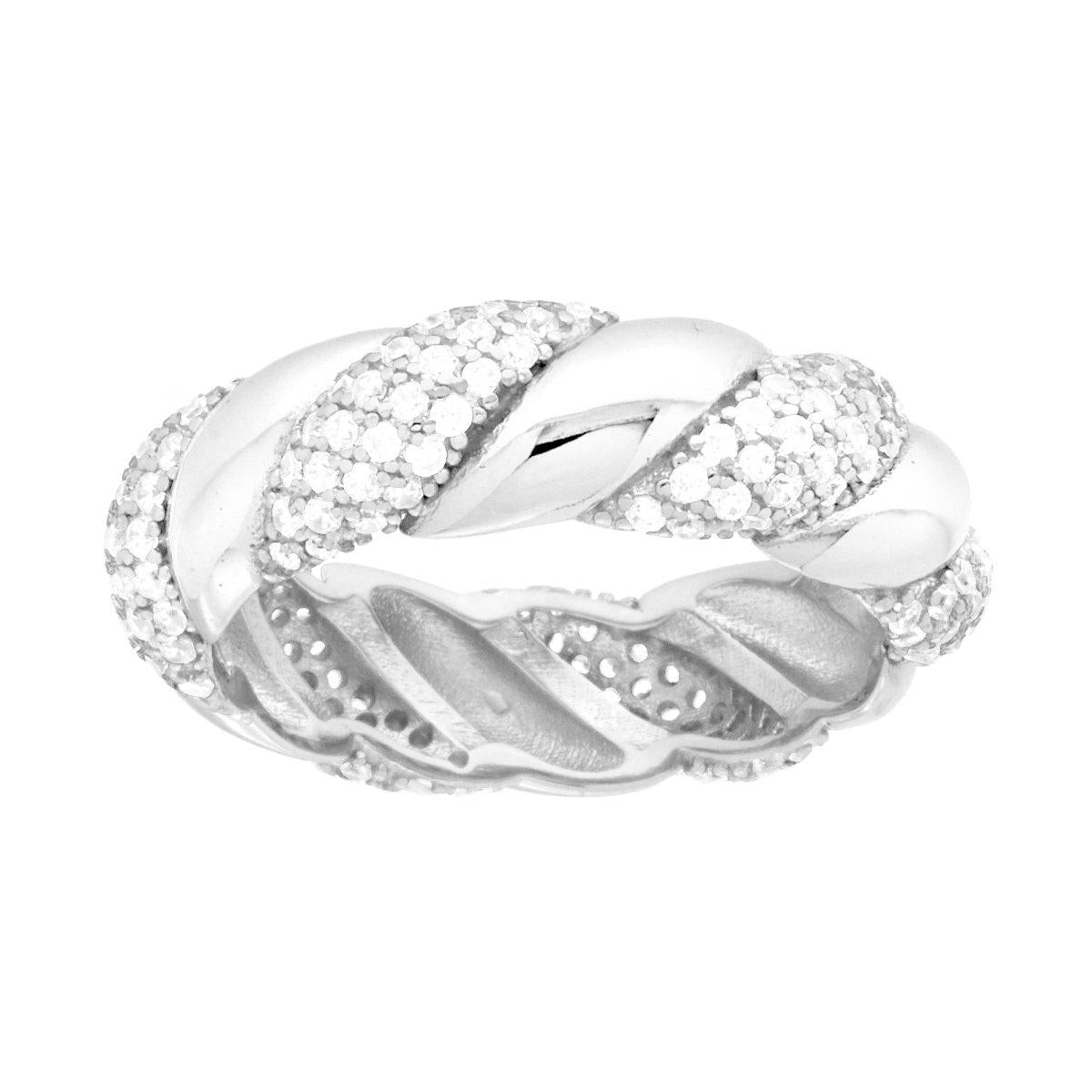 Anello Fascia Treccia con Cubic Zirconia Bianchi in ARGENTO 925 Galvanica Rodio
