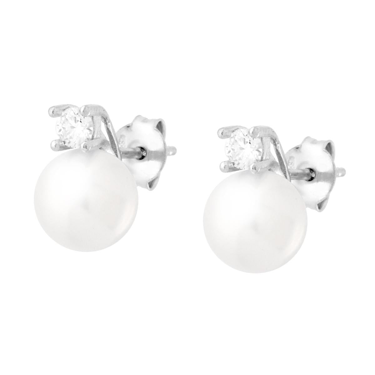 Orecchini Perla mm 8 con Cubic Zirconia Bianco in ARGENTO 925 Galvanica Rodio