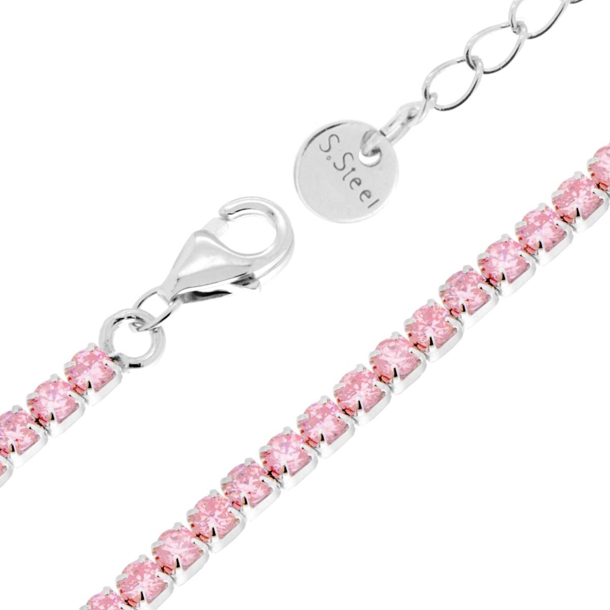 Bracciale Tennis Griffe cm 17+5 con Crystal mm 2 Rosa in ACCIAIO