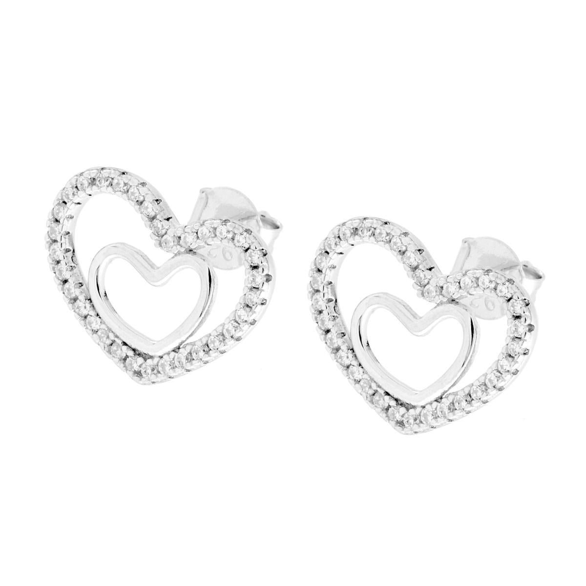 Orecchini Cuori con Cubic Zirconia Bianchi in ARGENTO 925 Galvanica Rodio