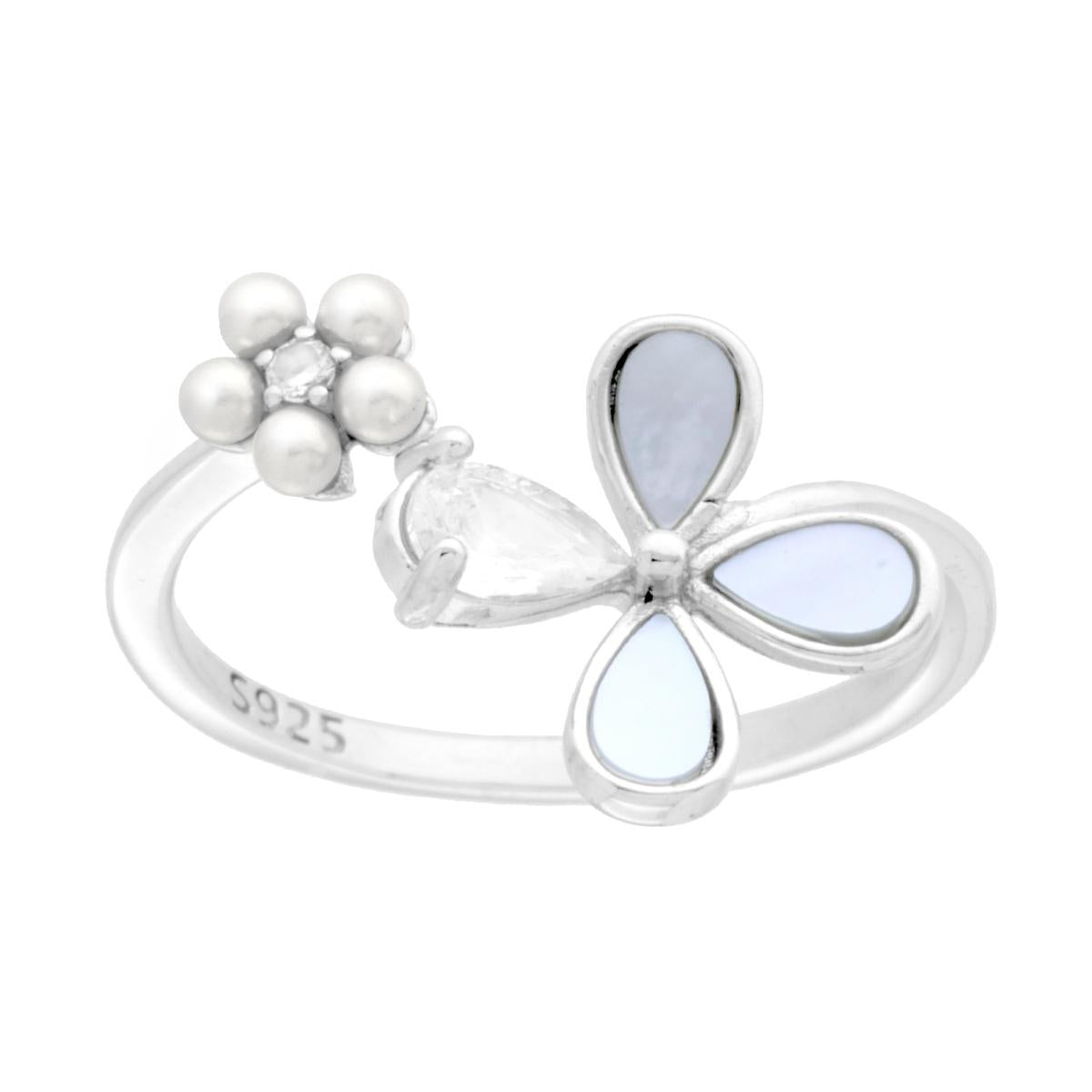 Anello Fiore con perline bianche e Quadrifoglio con Madreperla e Cubic Zirconia Bianco in ARGENTO 925 Galvanica Rodio