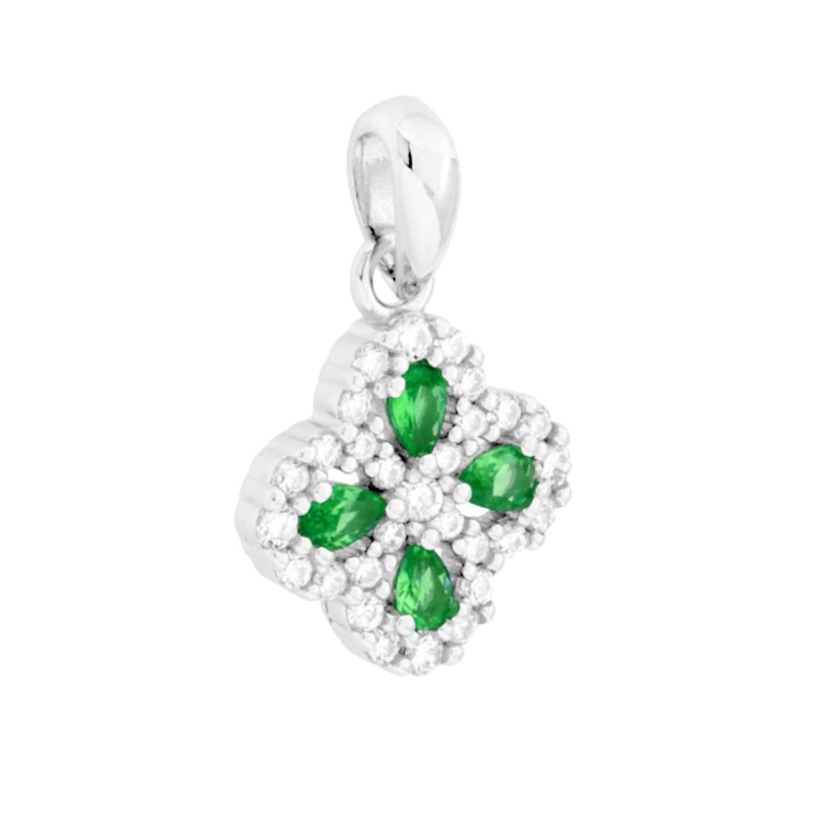 Ciondolo Quadrifoglio con Cubic Zirconia Verde Smeraldo e in ARGENTO 925 Galvanica Rodio