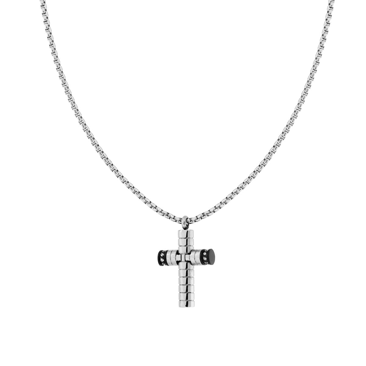 Collana Catena Veneziana Tonda con Croce Tubolare e Crystal Bianchi in ACCIAIO