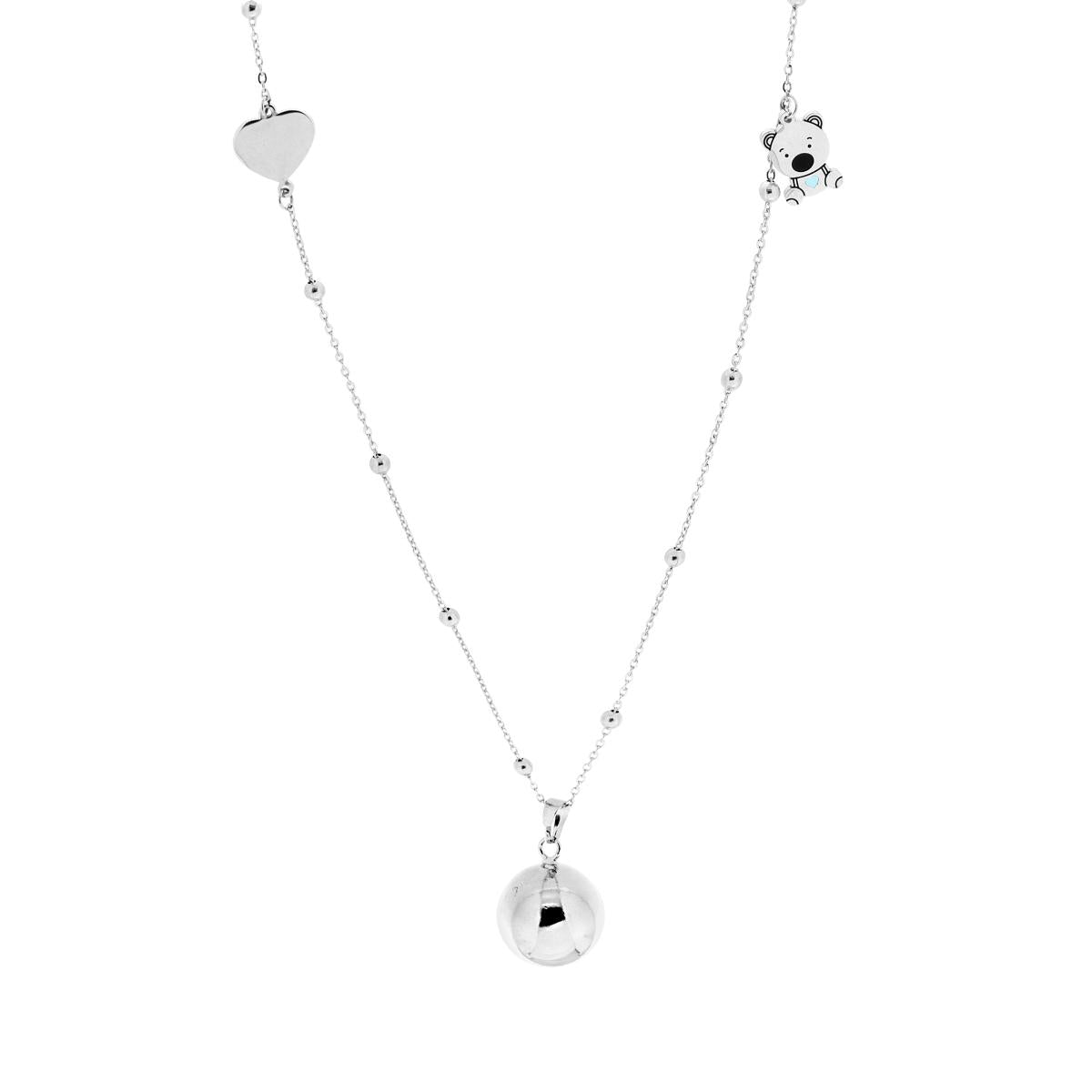 Collana Catena Forzatina Diamantata con Palline cm 90 Chiama Angeli con Cuore e Orsetto Smalto Azzurro in ACCIAIO e BRONZO