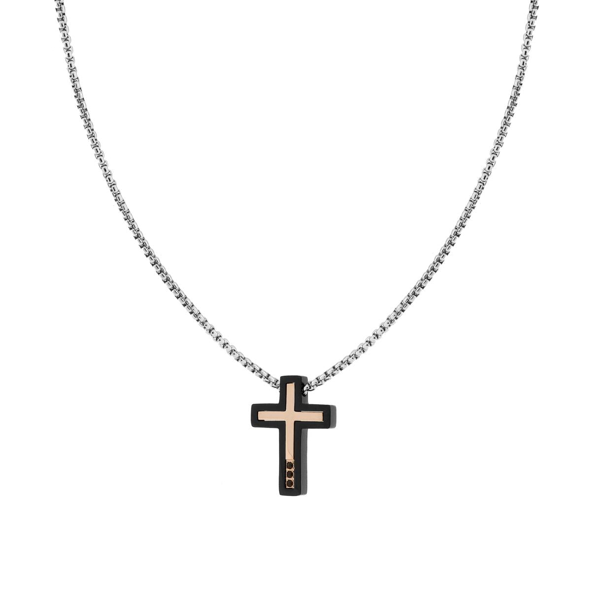 Collana Catena Veneziana Tonda con Croce Nera e Rosa e Crystal Neri in ACCIAIO