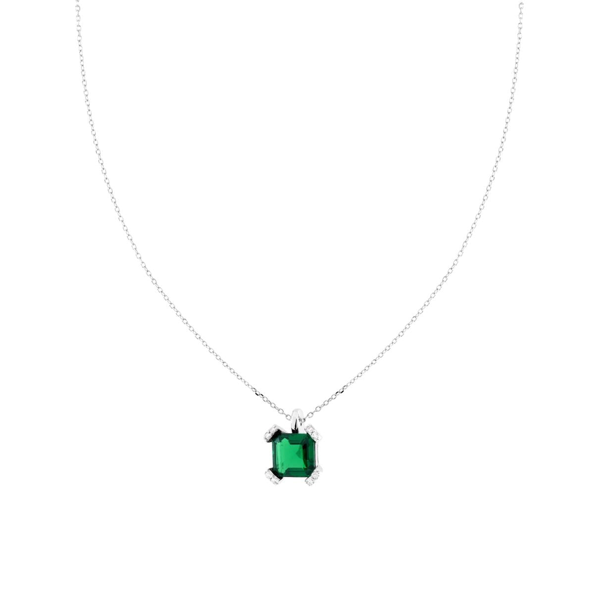 Collana Catena Forzatina Diamantata con Quadrato Verde Smeraldo con Griffe Cubic Zirconia Bianchi in ARGENTO 925 Galvanica Rodio