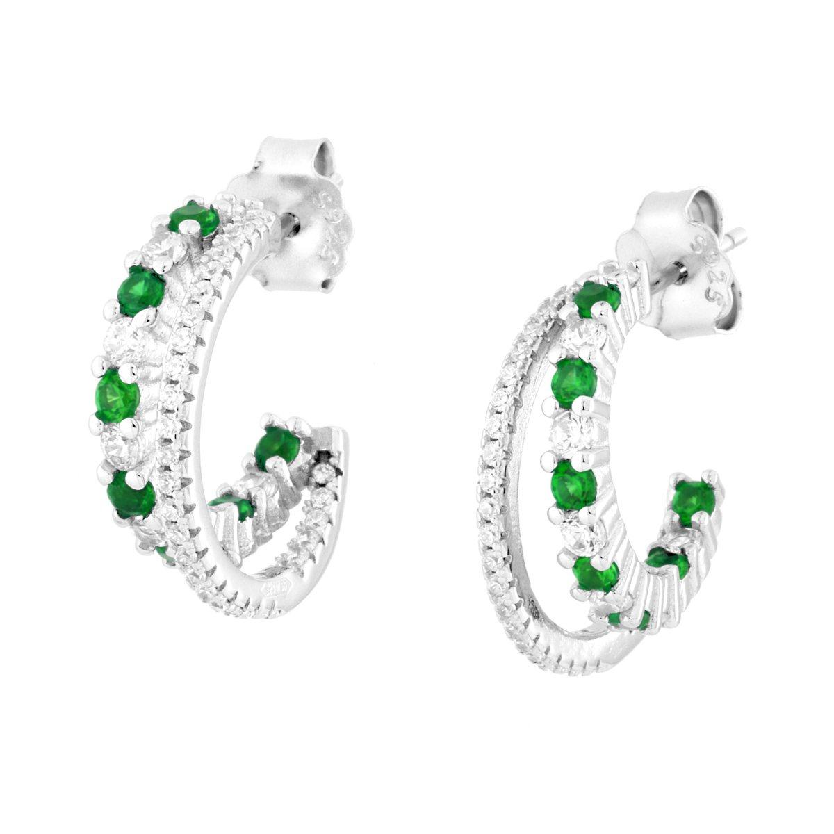 Orecchini Cerchio Doppia Canna con Cubic Zirconia Verde Smeraldo e Bianchi in ARGENTO 925 Galvanica Rodio