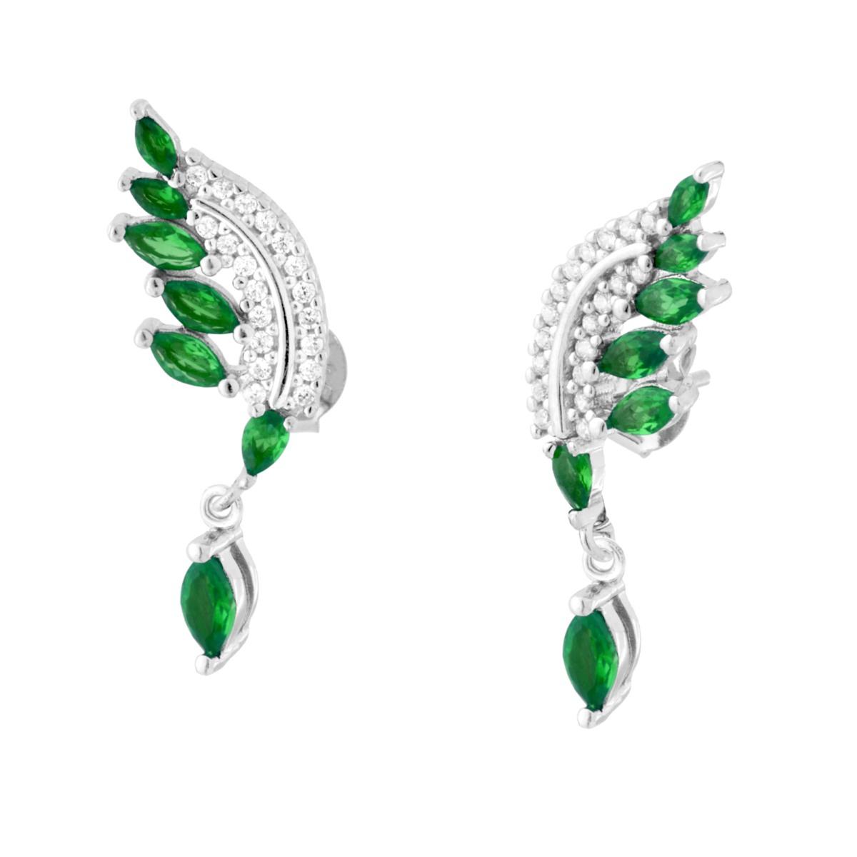 Orecchini Piuma con Cubic Zirconia Bianchi e Verde Smeraldo pendenti in ARGENTO 925 Galvanica Rodio