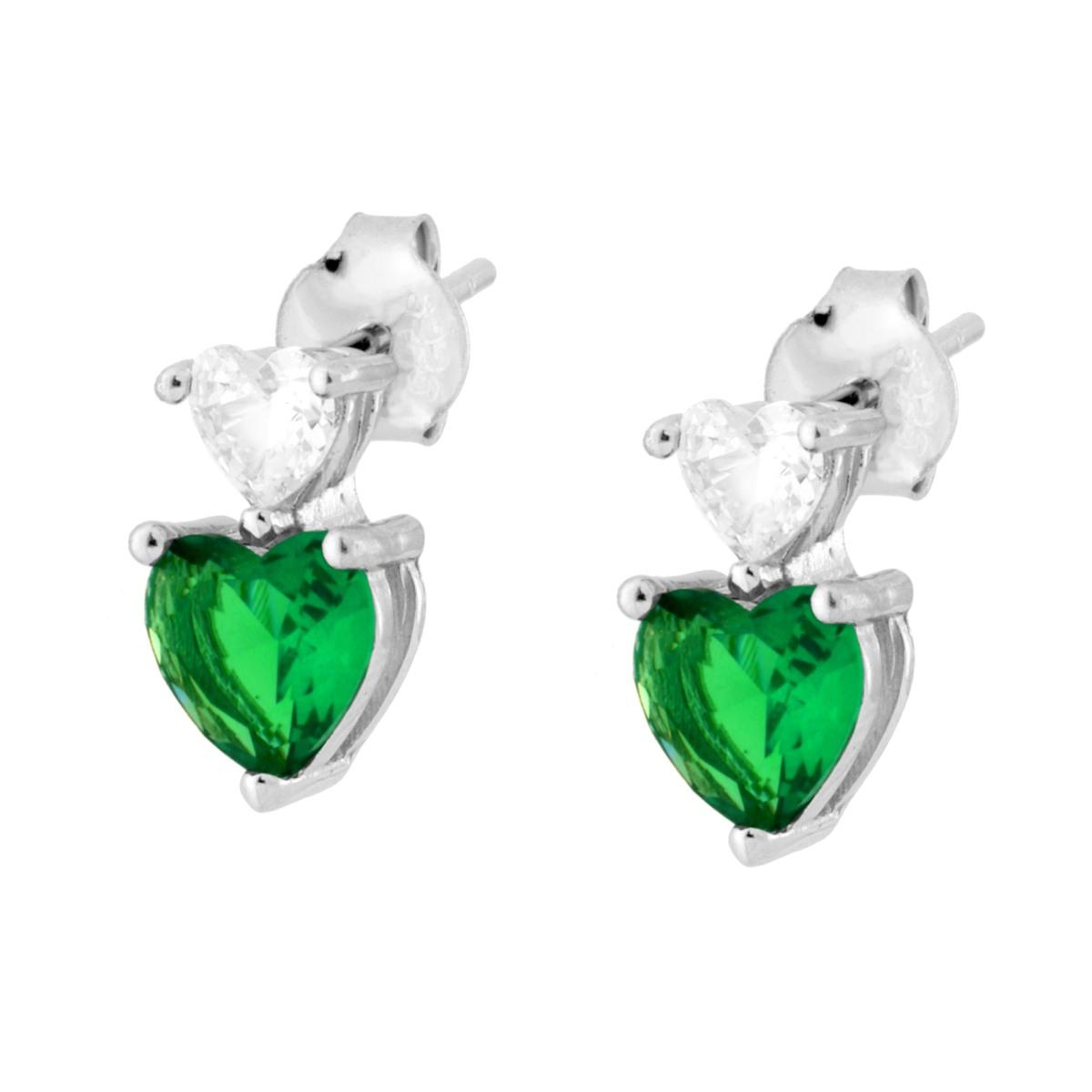 Orecchini Punto Luce Cuori Cubic Zirconia Bianco e Verde Smeraldo in ARGENTO 925 Galvanica Rodio