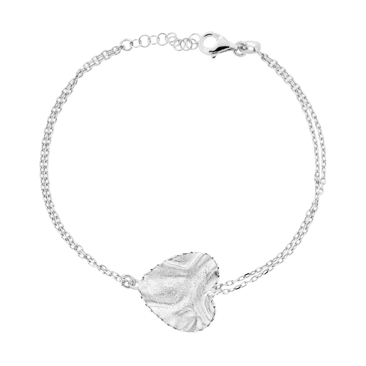 Bracciale Catena Forzatina Diamantata con Cuore Martellato in ARGENTO 925 Galvanica Rodio