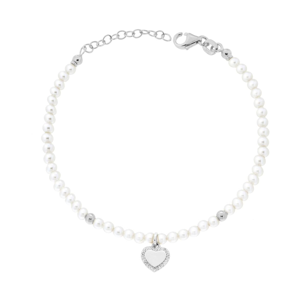 Bracciale Filo Perla Bianca in vetro perlato con Cuore e Cubic Zirconia Bianchi in ARGENTO 925 Galvanica Rodio