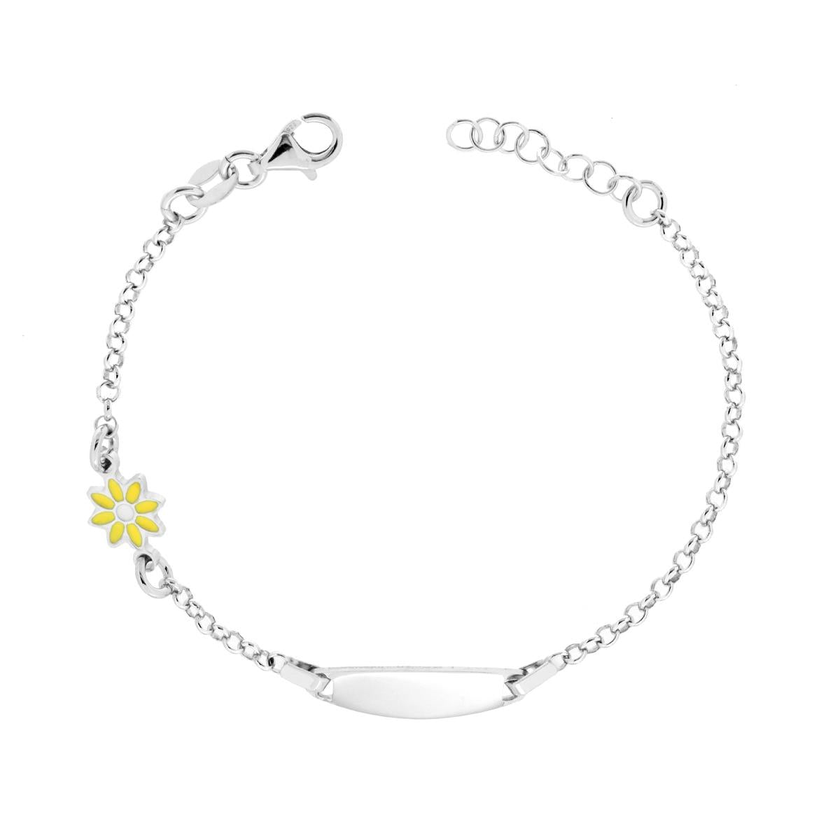 Bracciale Bimbo Bimba Targa Ovale con Catena Rolo Diamantata e Fiore smalto Giallo e Bianco in ARGENTO 925 Galvanica Rodio