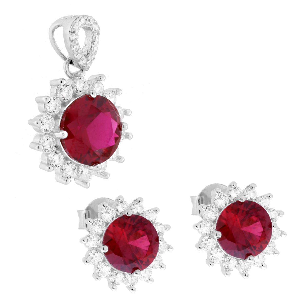 Parure Set Orecchini e Ciondolo Tondo Rosso Rubino contornato da Cubic Zirconia Bianchi in ARGENTO 925 Galvanica Rodio