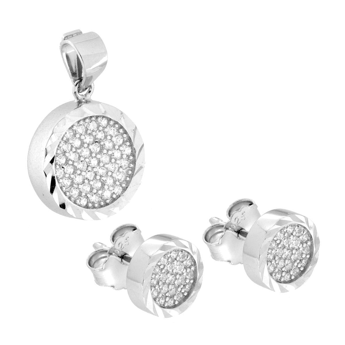 Parure Set Orecchini e Ciondolo Tondo Diamantato con Cubic Zirconia Bianchi in ARGENTO 925 Galvanica Rodio