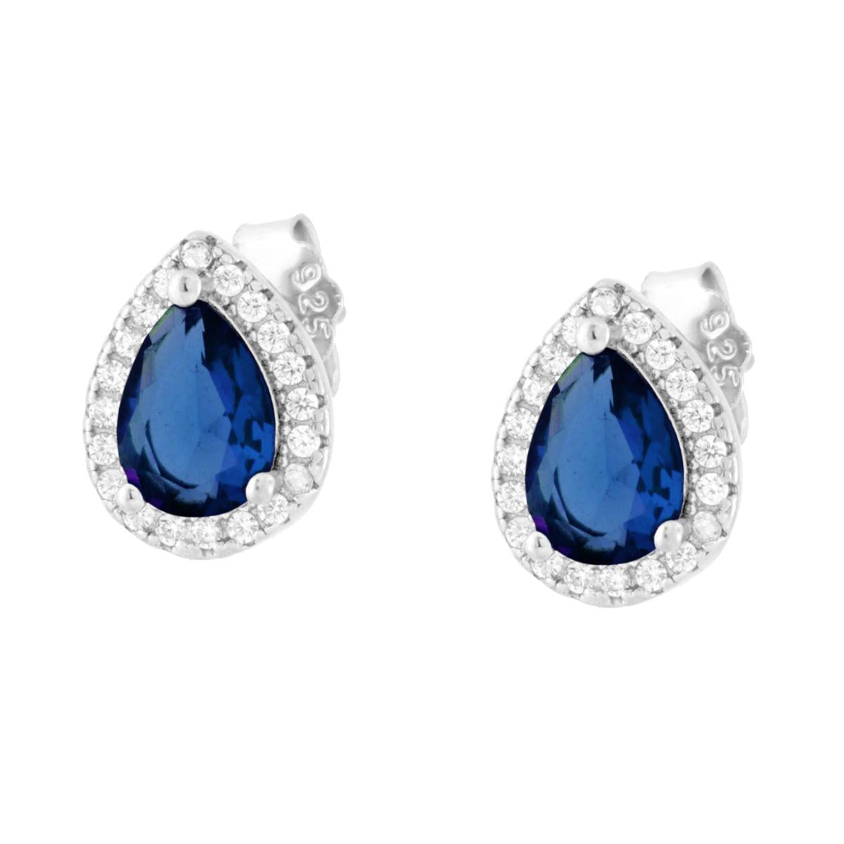 Orecchini Goccia Blu Zaffiro contornato da Cubic Zirconia Bianchi in ARGENTO 925 Galvanica Rodio