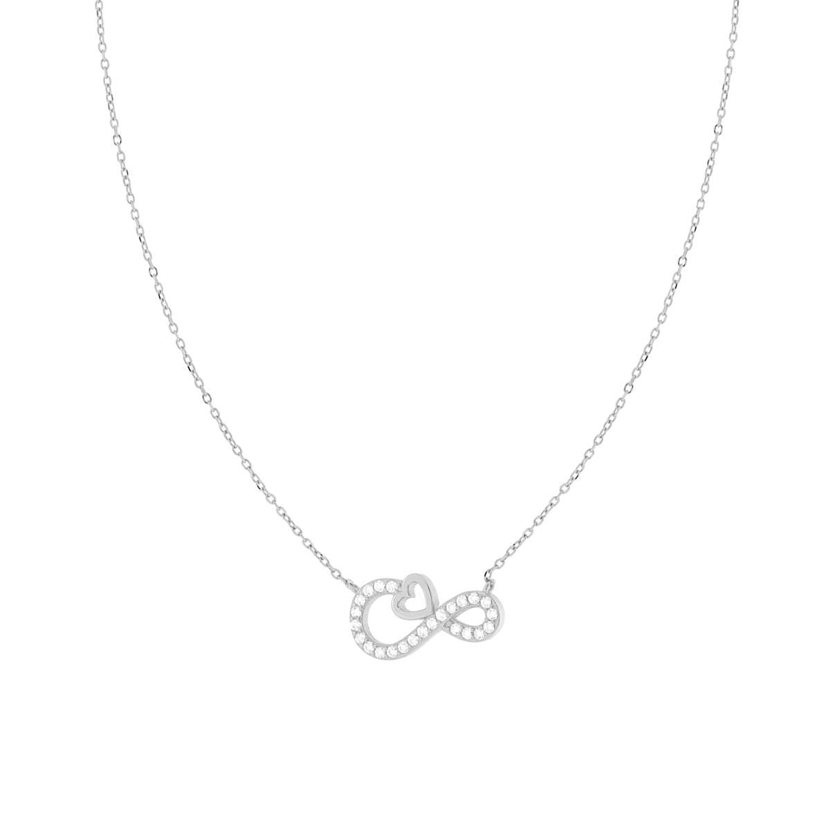 Collana Catena Forzatina Diamantata Infinito Cuore con Cubic Zirconia Bianchi in ARGENTO 925 Galvanica Rodio