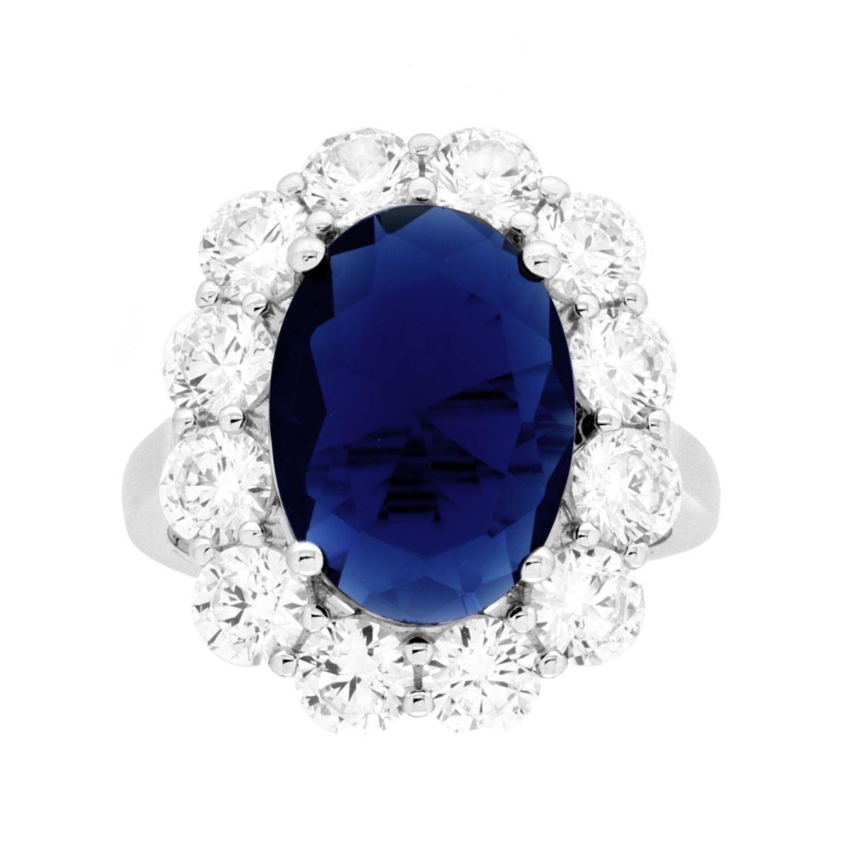 Anello Ovale Blu Zaffiro contornato da Cubic Zirconia Bianchi in ARGENTO 925 Galvanica Rodio