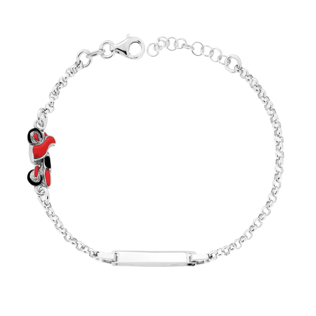 Bracciale Bimbo Bimba Catena Rolo con Targa Rettangolare e Motocicletta con Smalto Rosso in ARGENTO 925 Galvanica Rodio