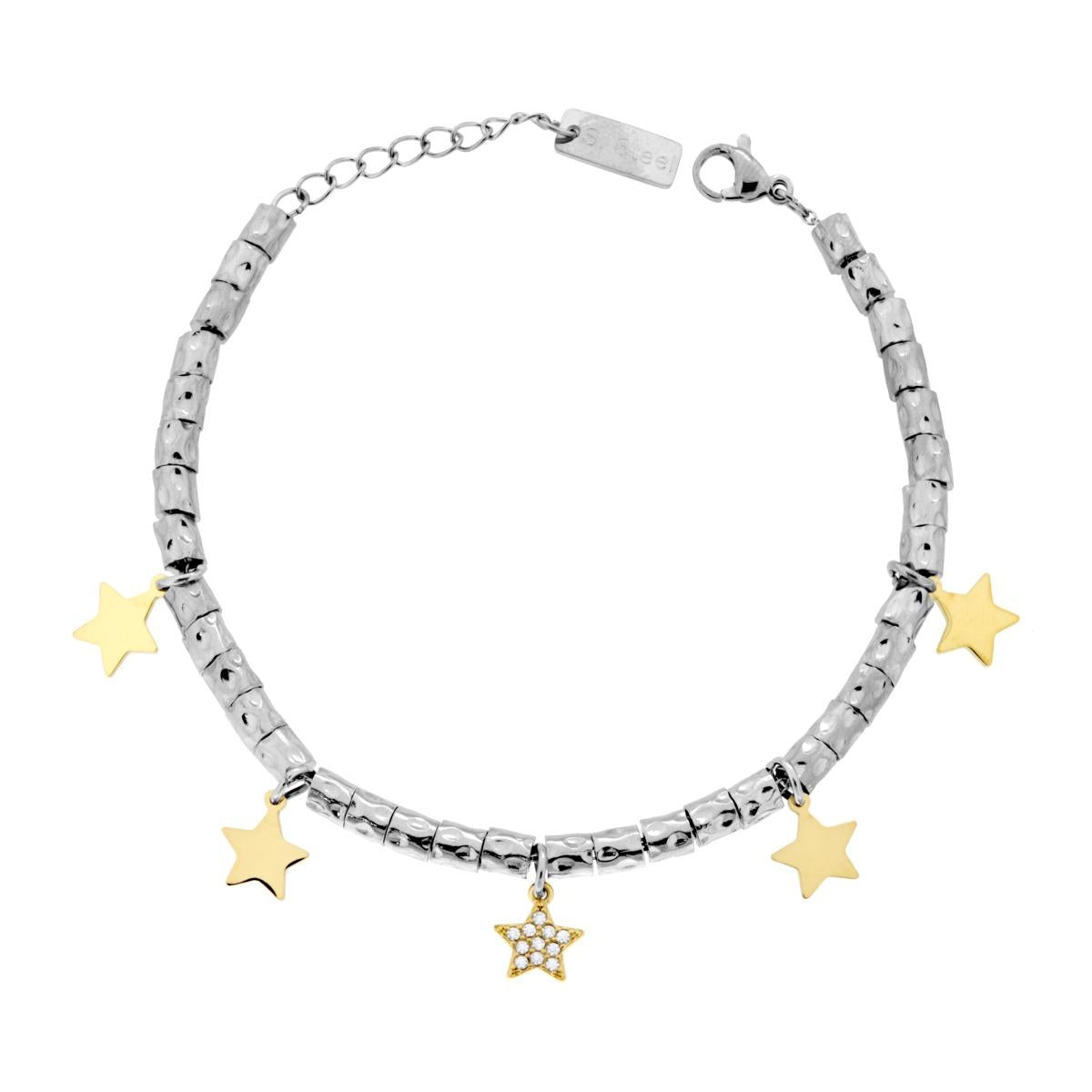 Bracciale Catena con Cilindri Martellati e Stelle colore Oro con Crystal Bianchi in ACCIAIO