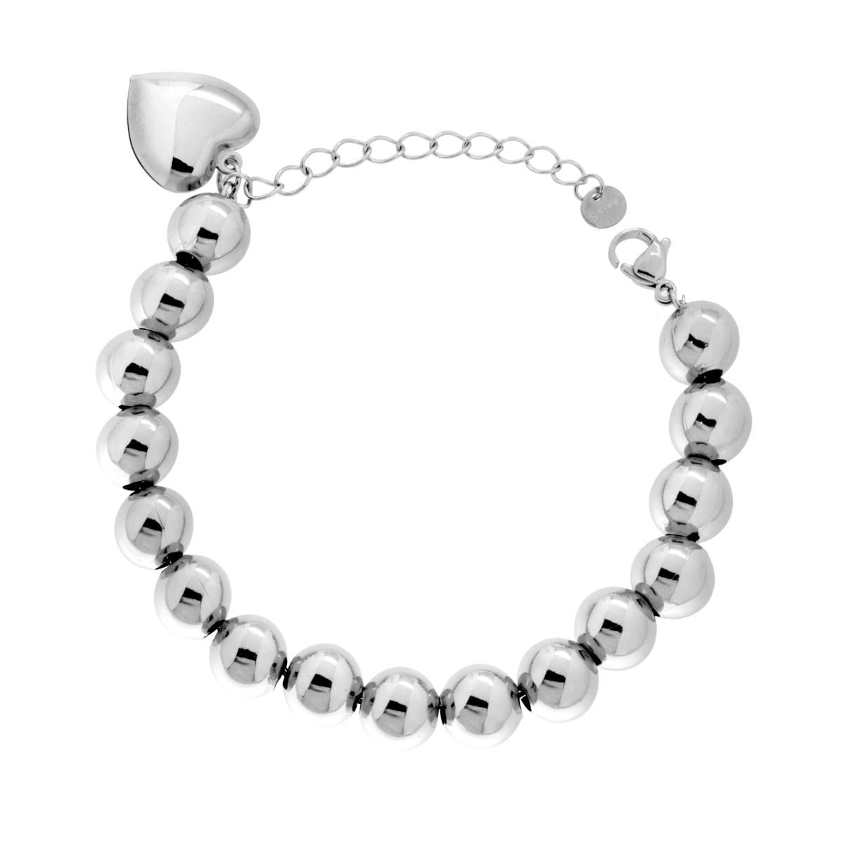 Bracciale Catena Palline Lisce mm 10 con Cuore Bombato pendente in ACCIAIO