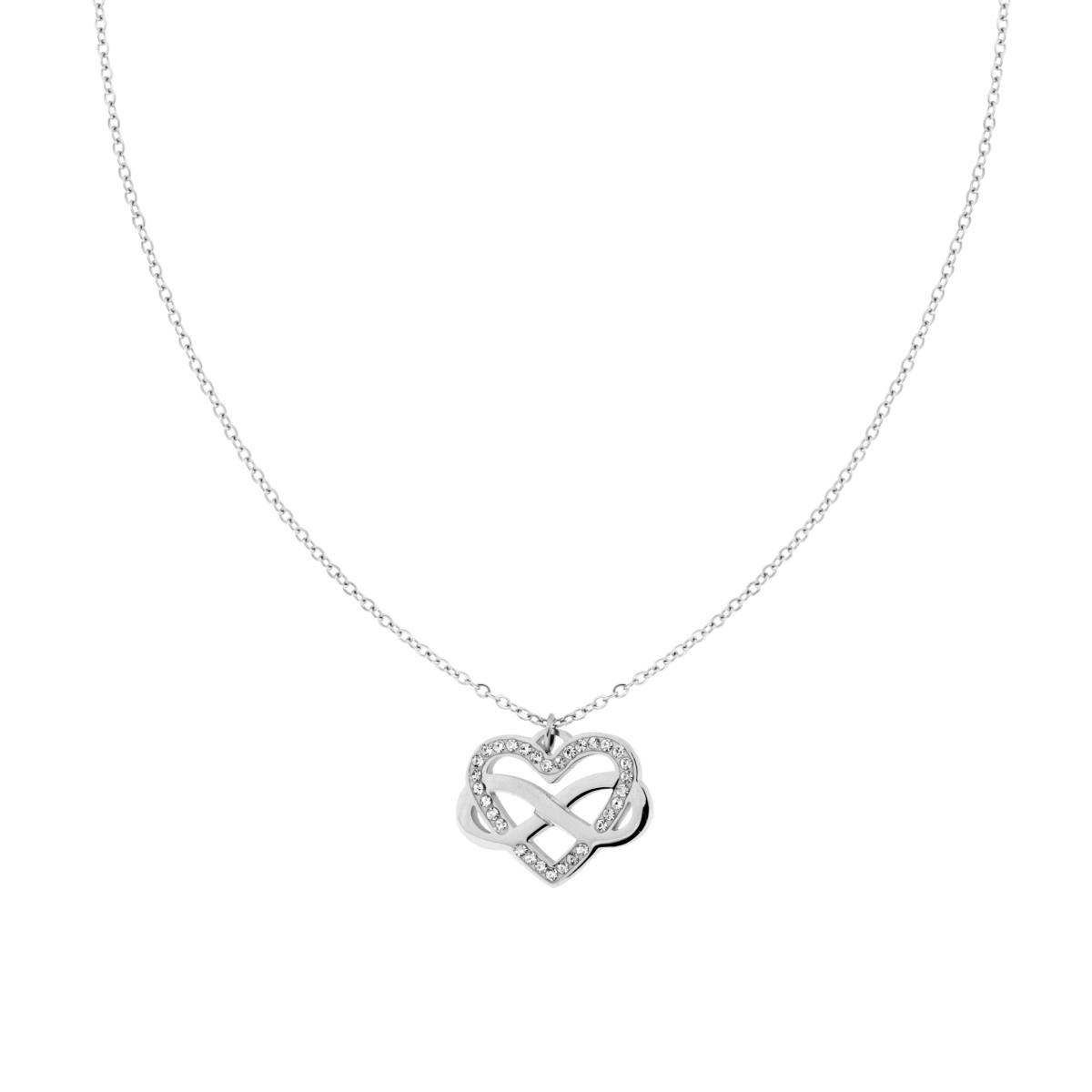 Collana Catena Forzatina Diamantata con Cuore Infinito e Crystal Bianchi in ACCIAIO