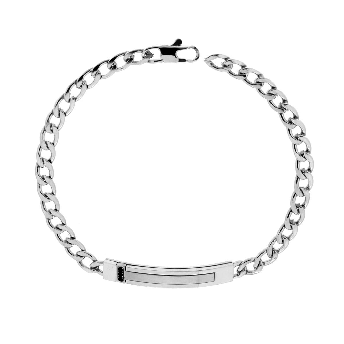 Bracciale Uomo Catena Grumetta con Targa e Crystal Nero in ACCIAIO