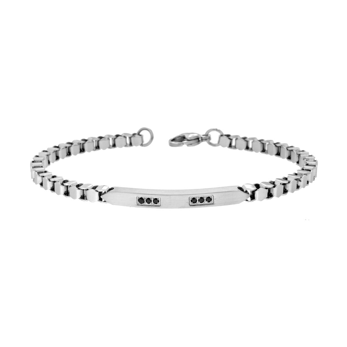 Bracciale Uomo Catena Veneziana Diamantata con Targa e Crystal Nero in ACCIAIO