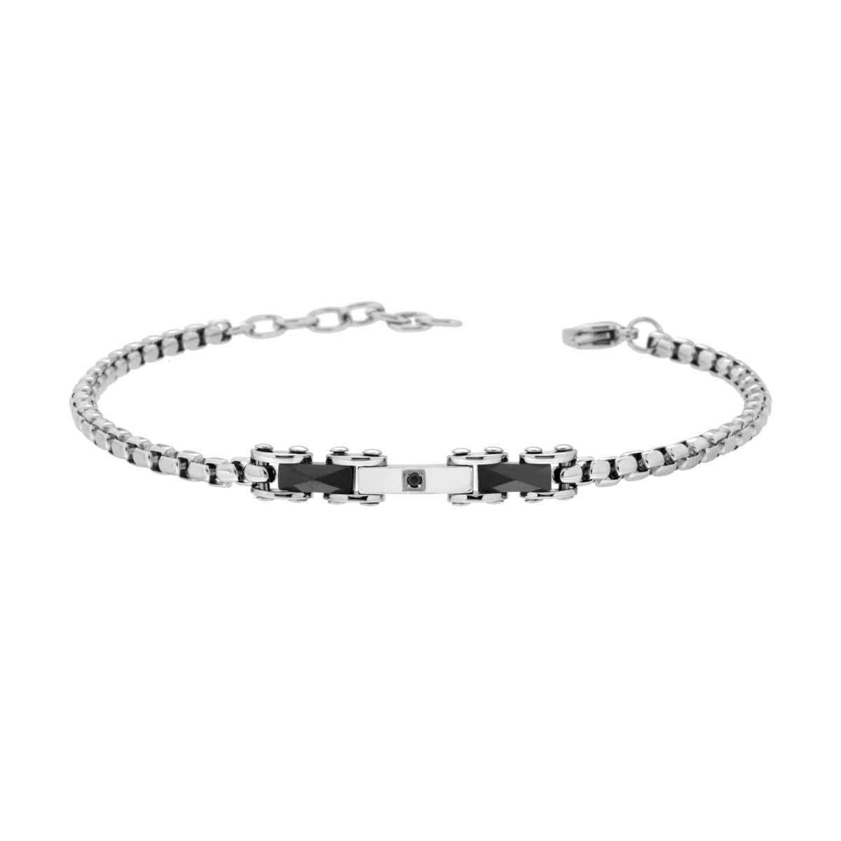 Bracciale Uomo Maglia Imperniata con Catena Veneziana Ceramica Nera e Crystal Nero in ACCIAIO