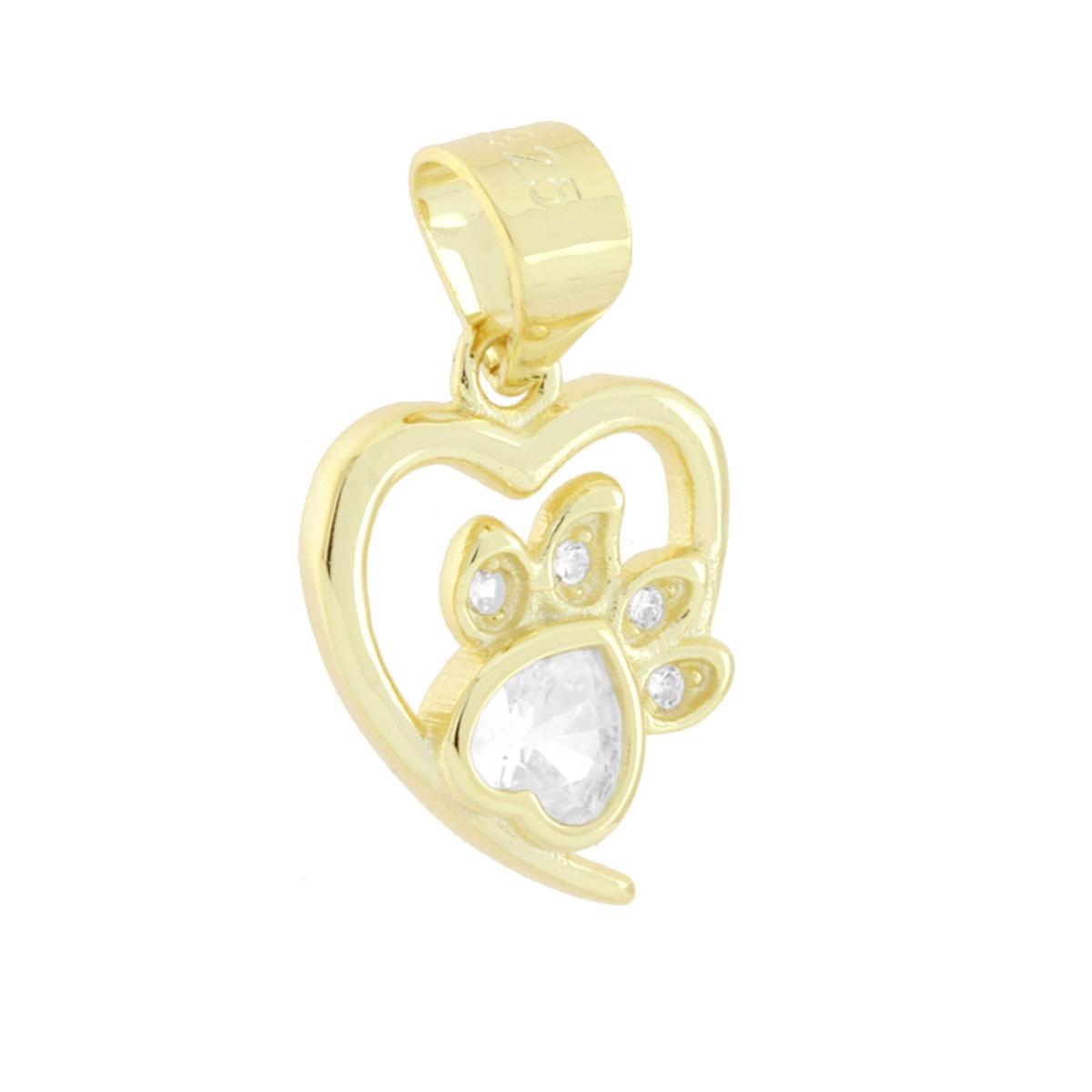 Ciondolo Cuore e Impronta Zampa con Cubic Zirconia Bianchi in ARGENTO 925 Galvanica Oro