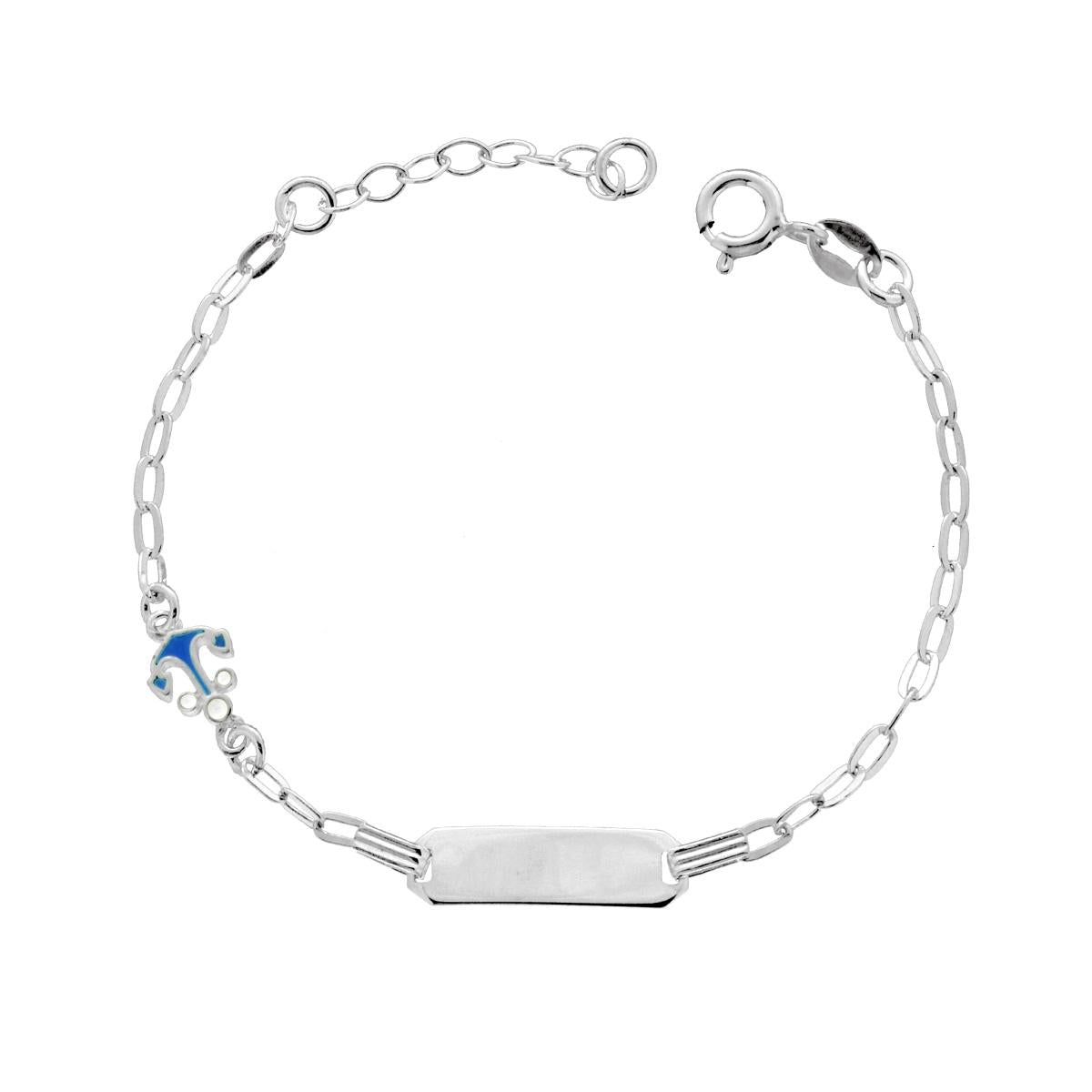 Bracciale Targa Bimbo Bimba Catena Forzatina Diamantata e Ancora con smalto Azzurro in ARGENTO 925 Galvanica Rodio