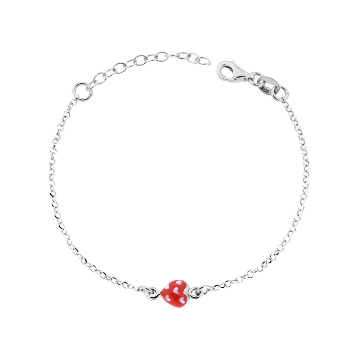 Bracciale Bimba Bimbo Catena Rolo Diamantata con Cuore Smalto Rosso e Bianco in ARGENTO 925 Galvanica Rodio