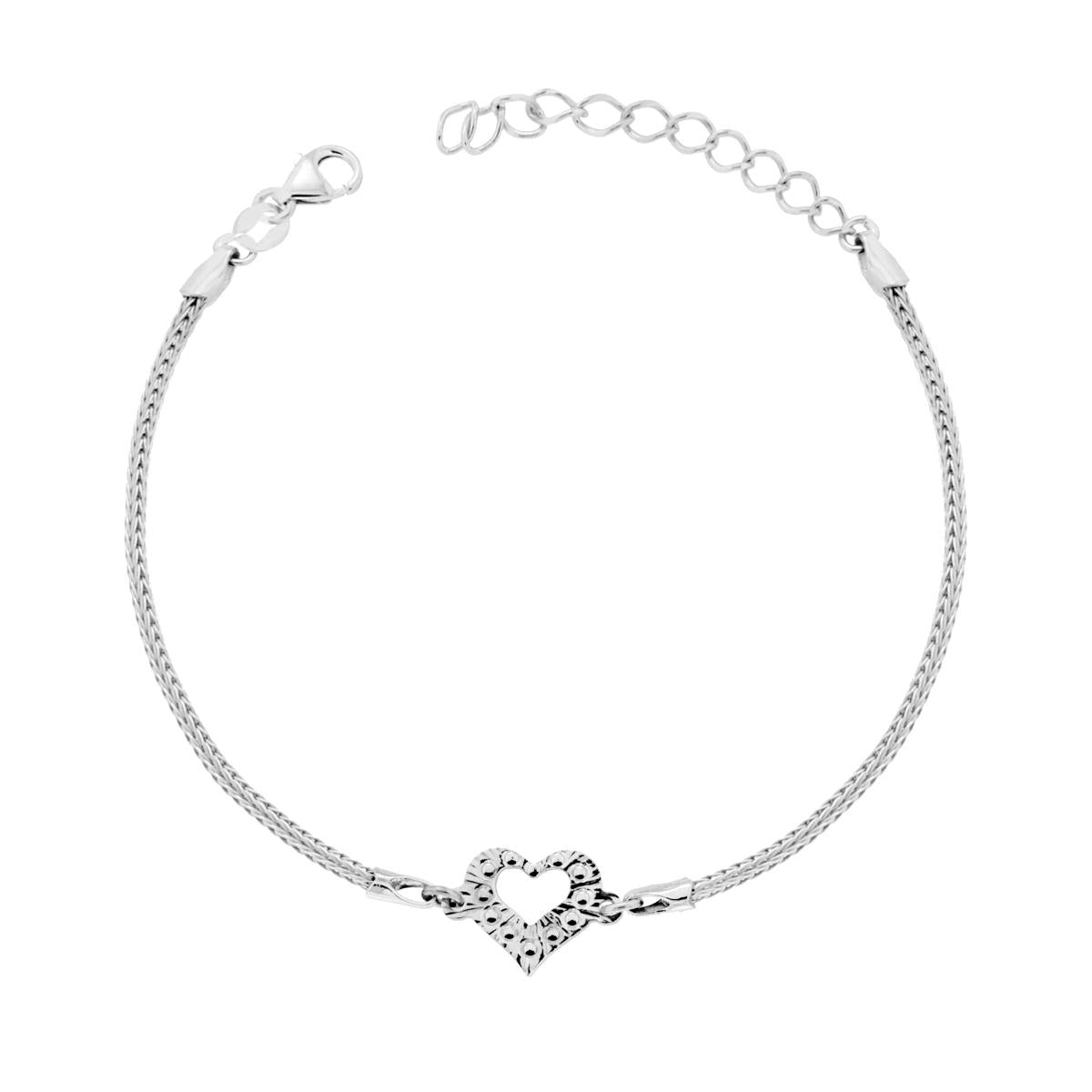 Bracciale Catena Calza con Cuore Diamantato in ARGENTO 925 Galvanica Rodio<BR>