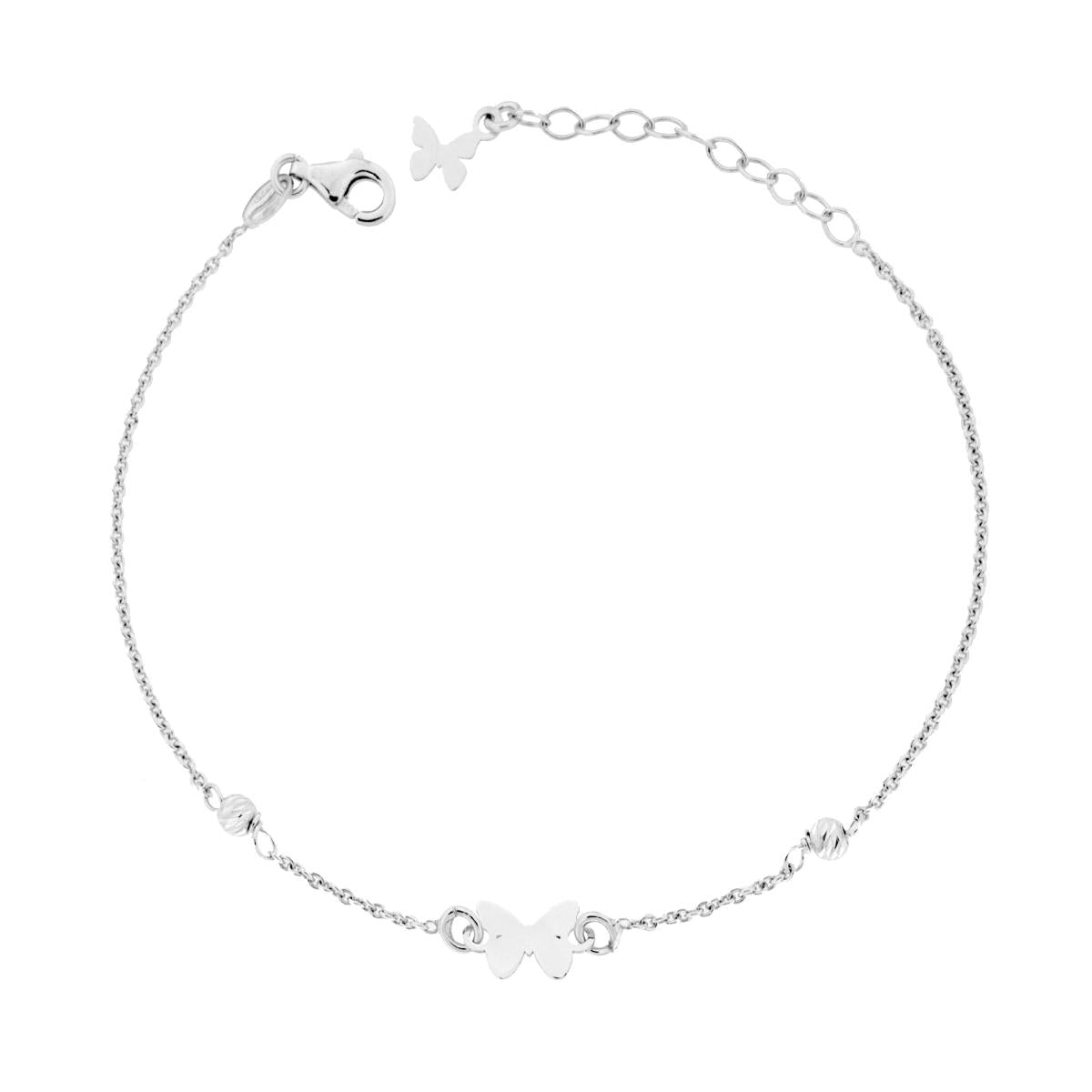Bracciale Catena Forzatina con Farfalla e Palline Slash in ARGENTO 925 Galvanica Rodio<BR>