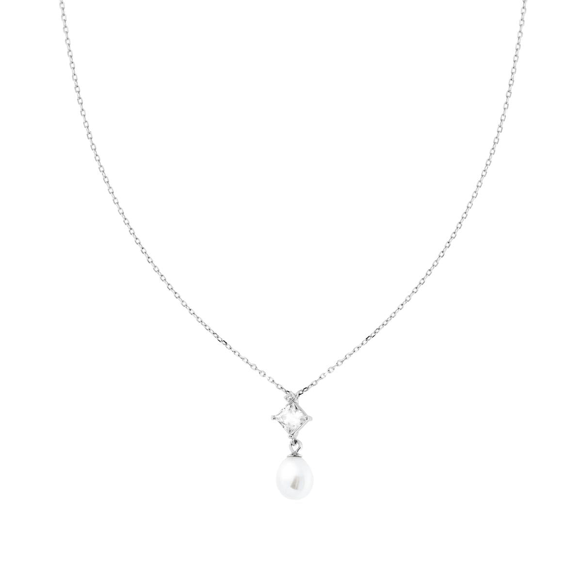 Collana Catena Forzatina Diamantata con Punto Luce Princess Cubic Zirconia Bianco e Perla Ovale pendente in ARGENTO 925 Galvanica Rodio<BR>