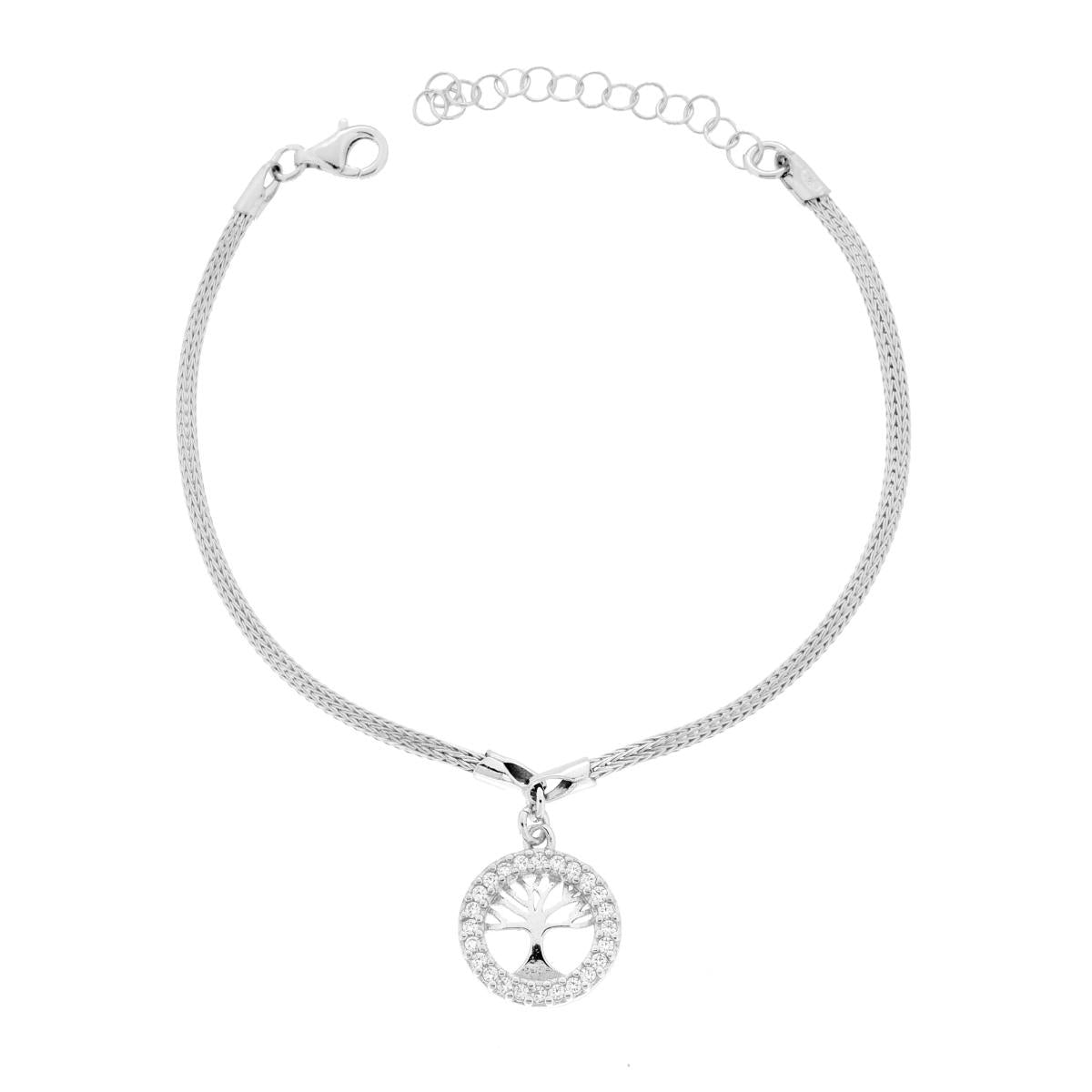 Bracciale Calza con Albero della Vita e Cubic Zirconia Bianchi in ARGENTO 925 Galvanica Rodio