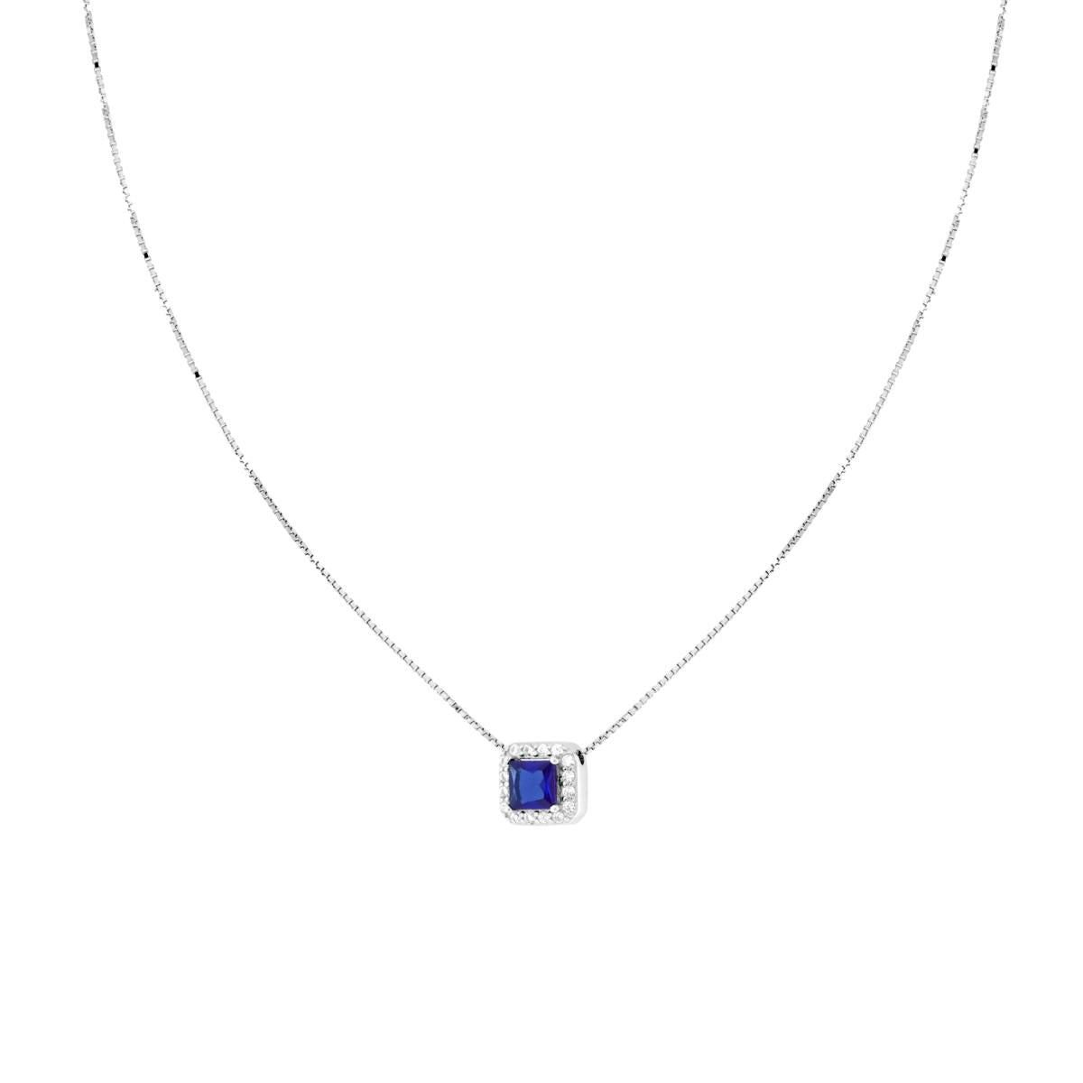 Collana Catena Veneziana Diamantata con Quadrato Carre Blu Zaffiro contornato da Cubic Zirconia Bianchi in ARGENTO 925 Galvanica Rodio<BR>