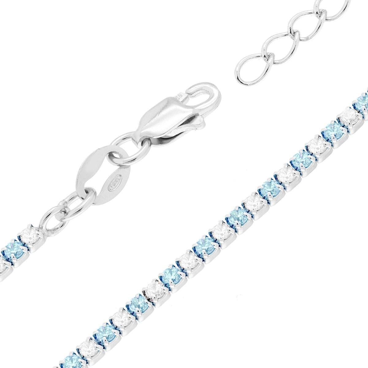 Bracciale Tennis Griffe cm 16+3 con Cubic Zirconia alternati Acquamarina e Bianchi mm 1.7 in ARGENTO 925 Galvanica Rodio<BR>