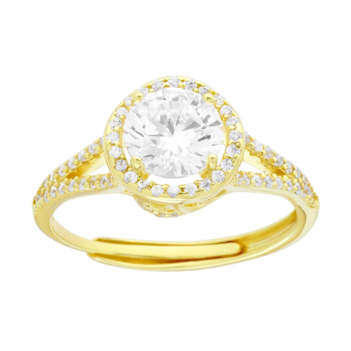 Anello Solitario mm 6.5 contornato da Cubic Zirconia Bianchi in ARGENTO 925 Galvanica Oro<BR>