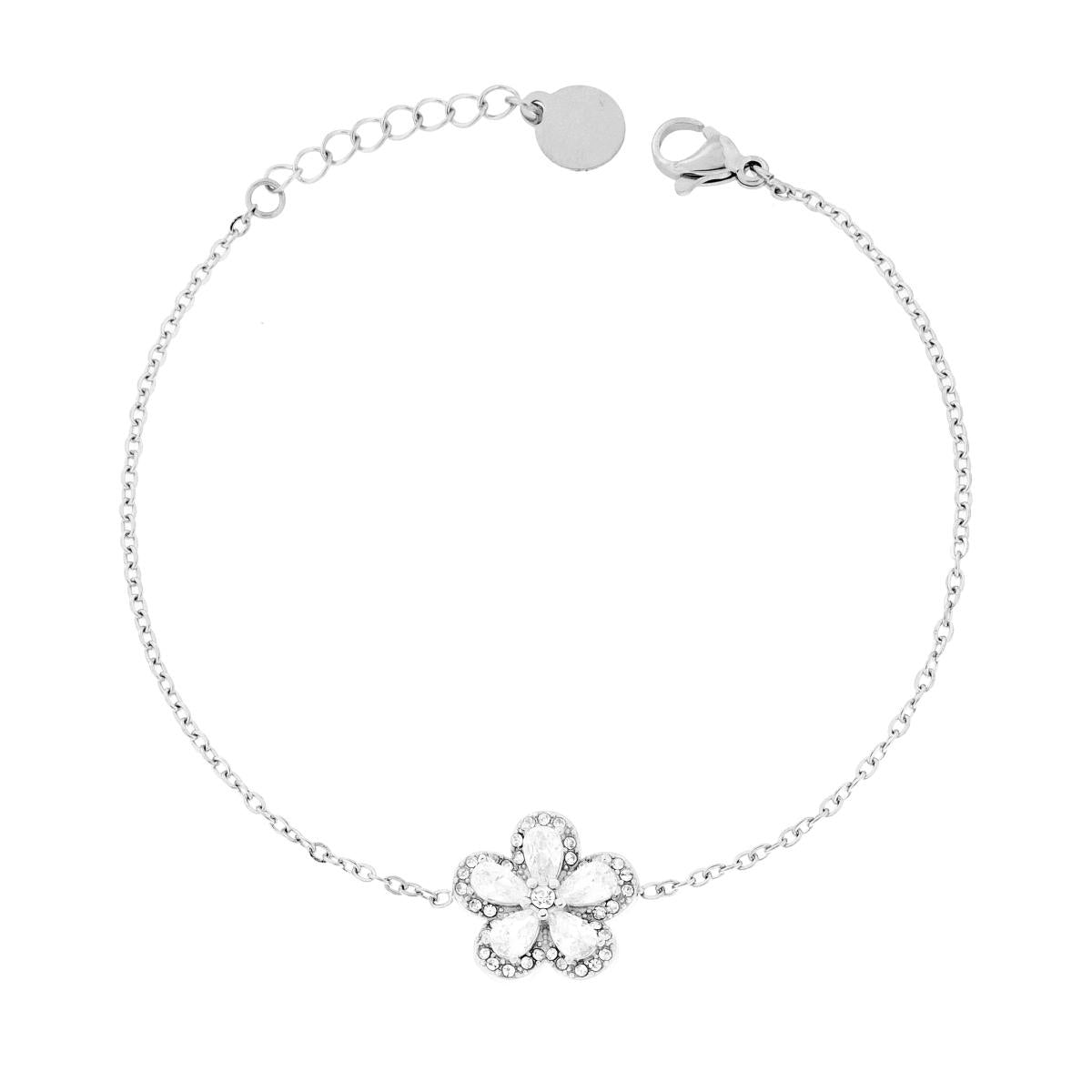Bracciale Catena Forzatina Diamantata con Fiore centrale e Crystal Bianchi in ACCIAIO<BR>