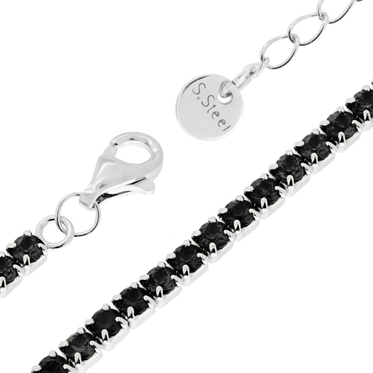 Bracciale Tennis Griffe cm 16+5 con Crystal mm 3 Nero in ACCIAIO<BR>